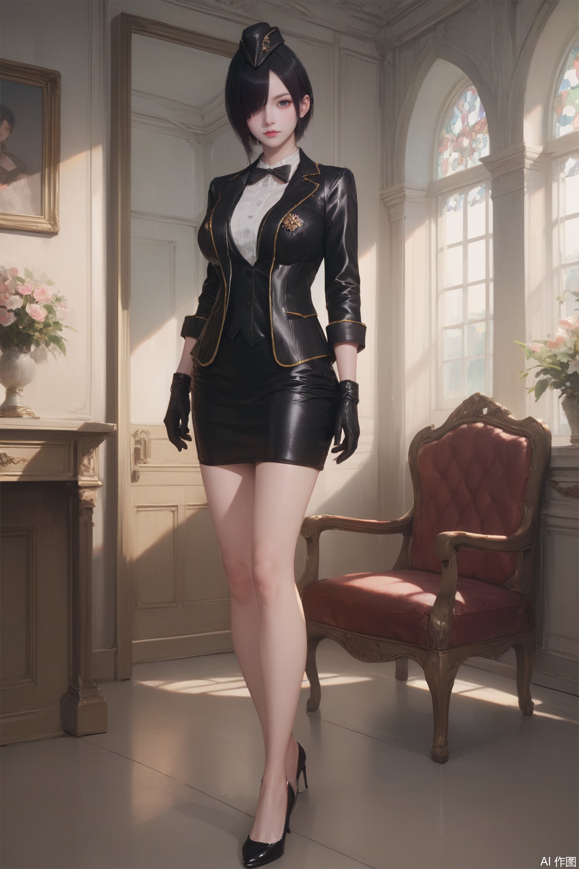 score_9, score_8_up, score_7_up,CG,
1girl, solo, breasts, looking at viewer, short hair, bangs, skirt, black hair, gloves, hat, dress, closed mouth, standing, jacket, full body, black gloves, black footwear, hair over one eye, high heels, black jacket, indoors,