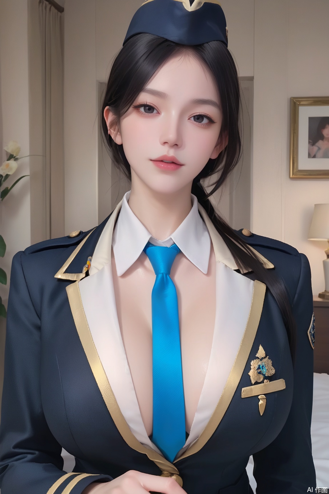 score_9, score_8_up, score_7_up,CG,
1girl, solo, long hair, breasts, looking at viewer, large breasts, black hair,black eyes, blue necktie, garrison cap, shirt, black hair, hat, jacket, upper body, necktie, collared shirt, uniform,  pale_skin, white_skin,translucent,indoors,bright light,