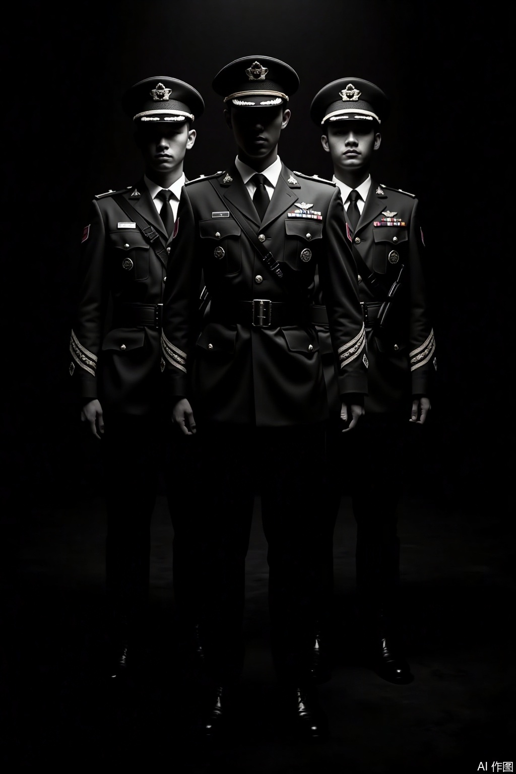 longzhijueqi,diguoliming,conspiracy atmosphere,dark atmosphere,high-contrast chiaroscuro,military_uniform,hat,weapon,male focus,multiple boys,uniform,parody,3boys,realistic,