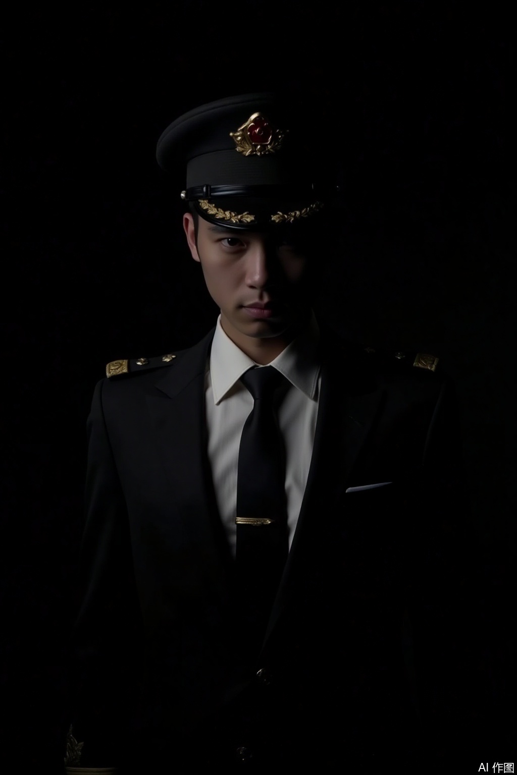 longzhijueqi,diguoliming,conspiracy atmosphere,dark atmosphere,high-contrast chiaroscuro,solo, shirt, black hair, 1boy, male focus, necktie, formal, suit, black background, black necktie,military_uniform,hat