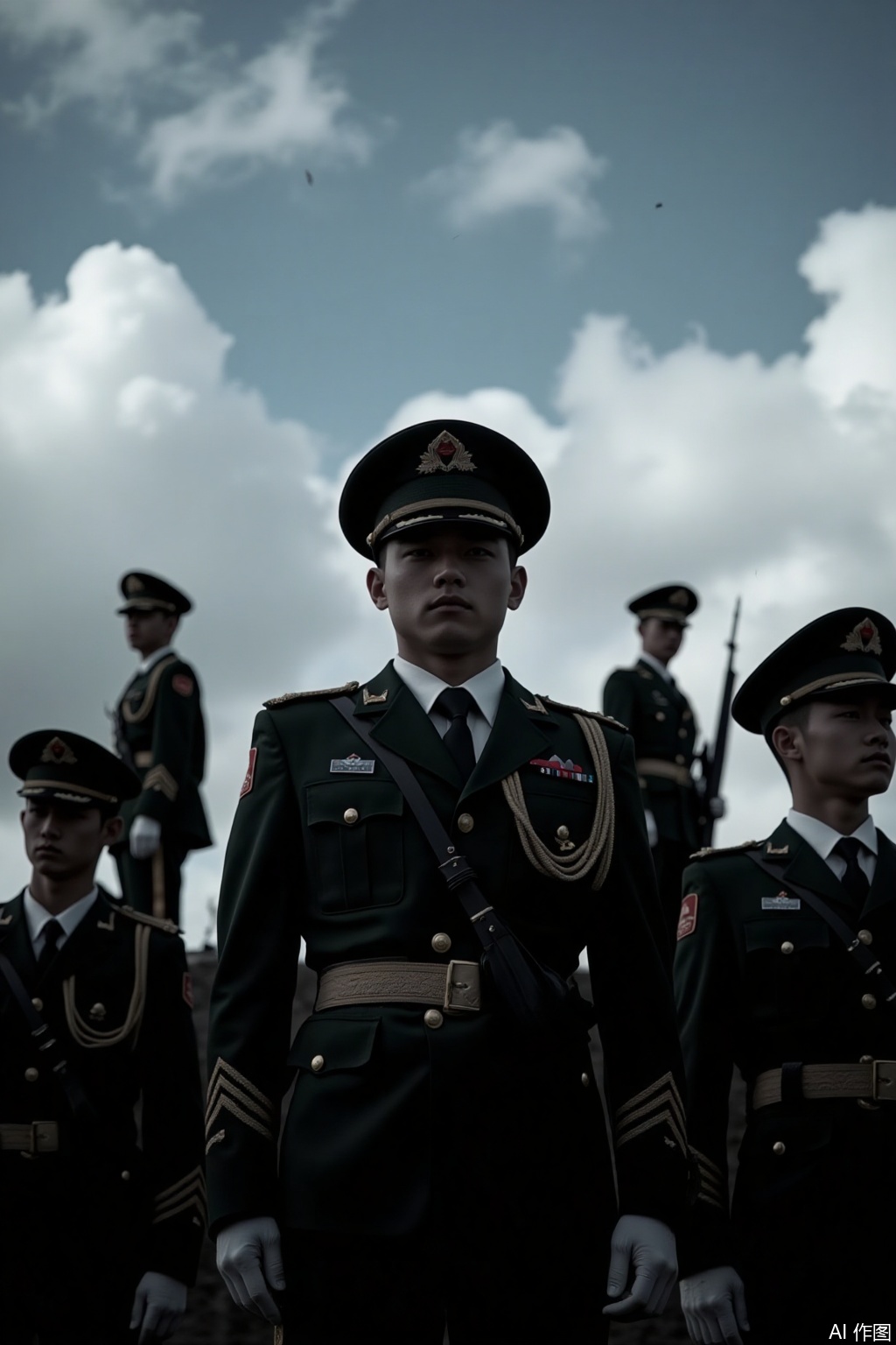 longzhijueqi,diguoliming,conspiracy atmosphere,dark atmosphere,high-contrast chiaroscuro,gloves,hat,weapon,male focus,multiple boys,sky,day,cloud,uniform,military,military uniform,ground vehicle,peaked cap
