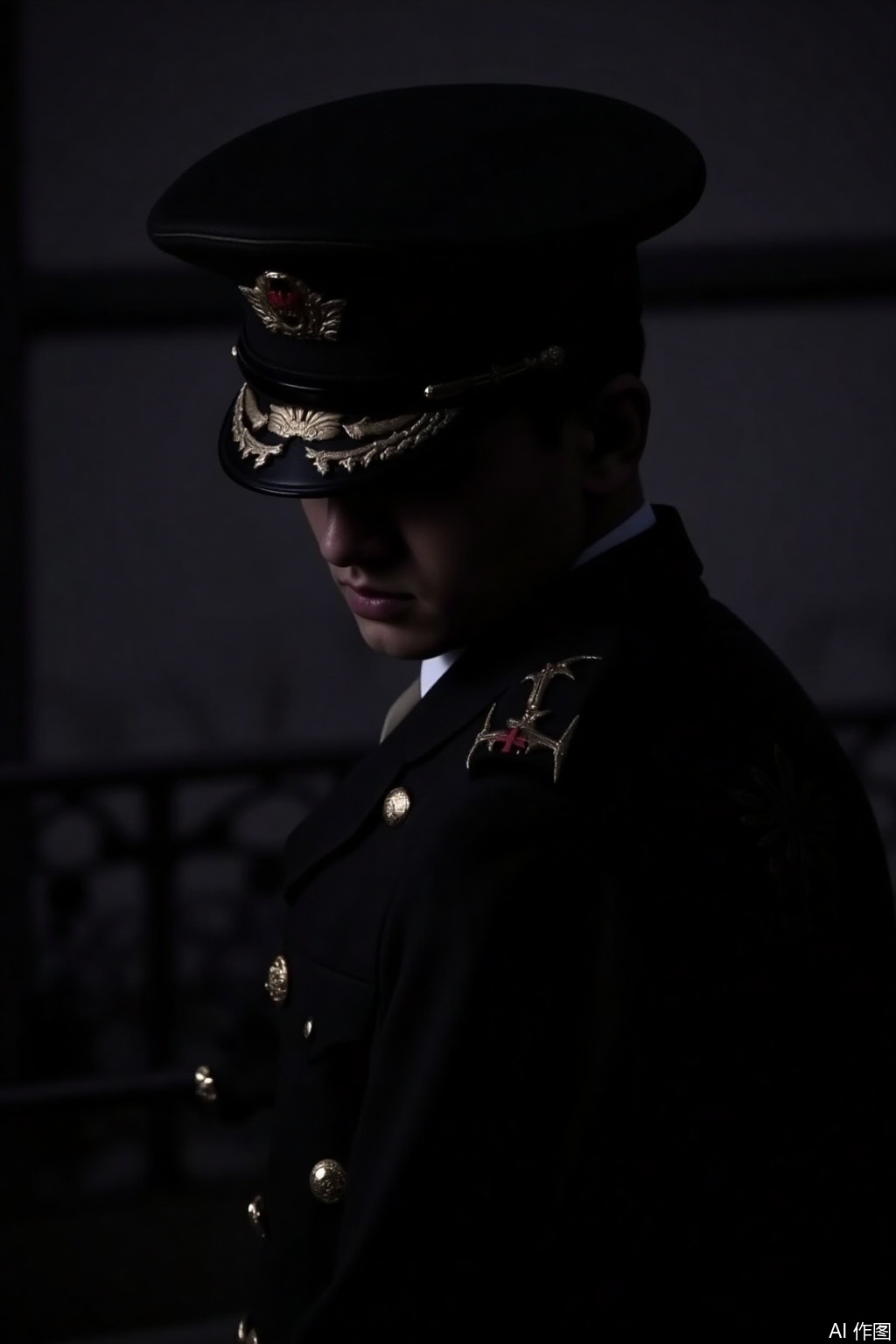 longzhijueqi,diguoliming,conspiracy atmosphere,dark atmosphere,high-contrast chiaroscuro,military_uniform,hat,