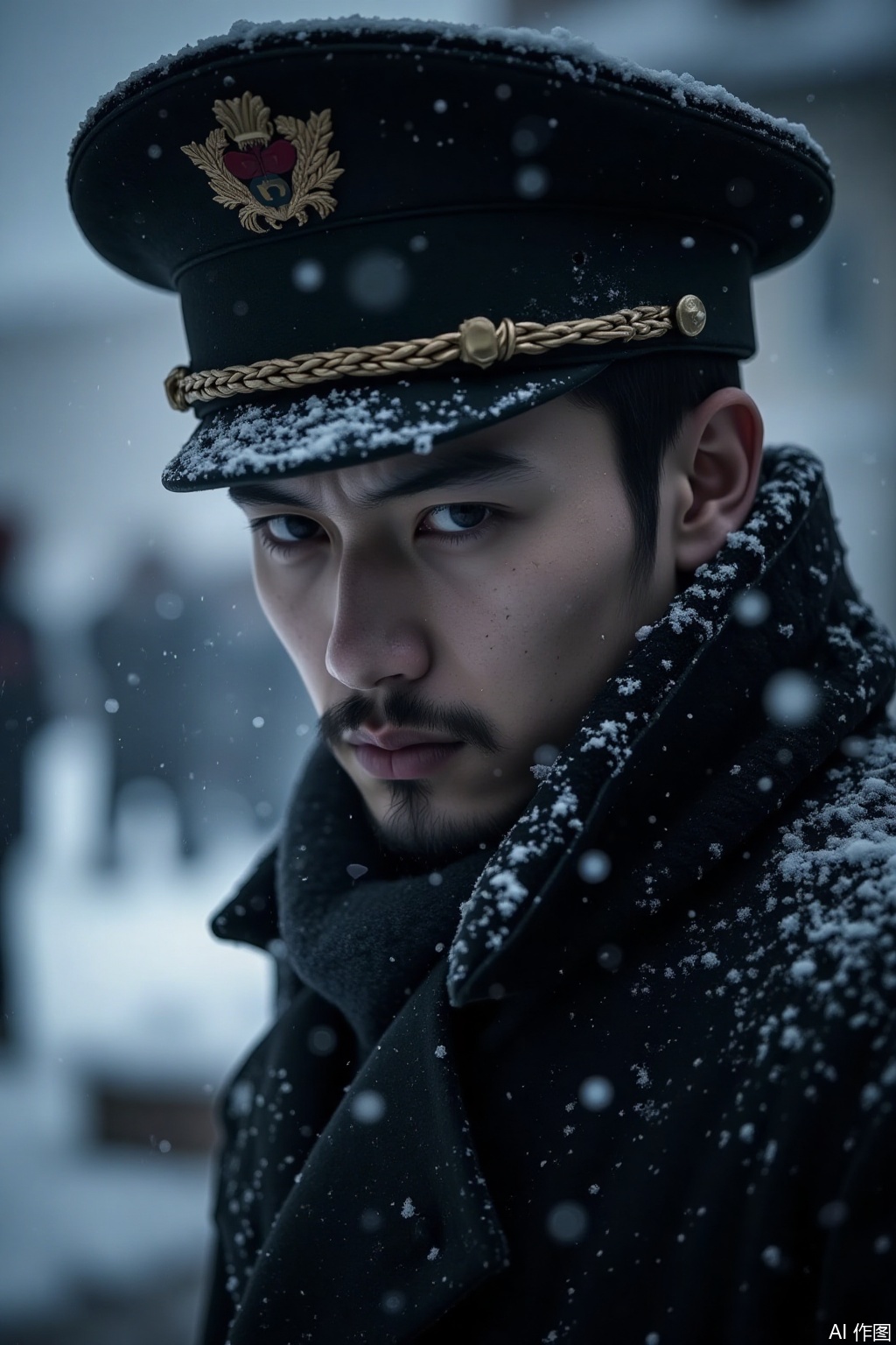 longzhijueqi,diguoliming,solo, black hair, 1boy, hat, male focus, facial hair, snow, snowing, conspiracy atmosphere,dark atmosphere,high-contrast chiaroscuro