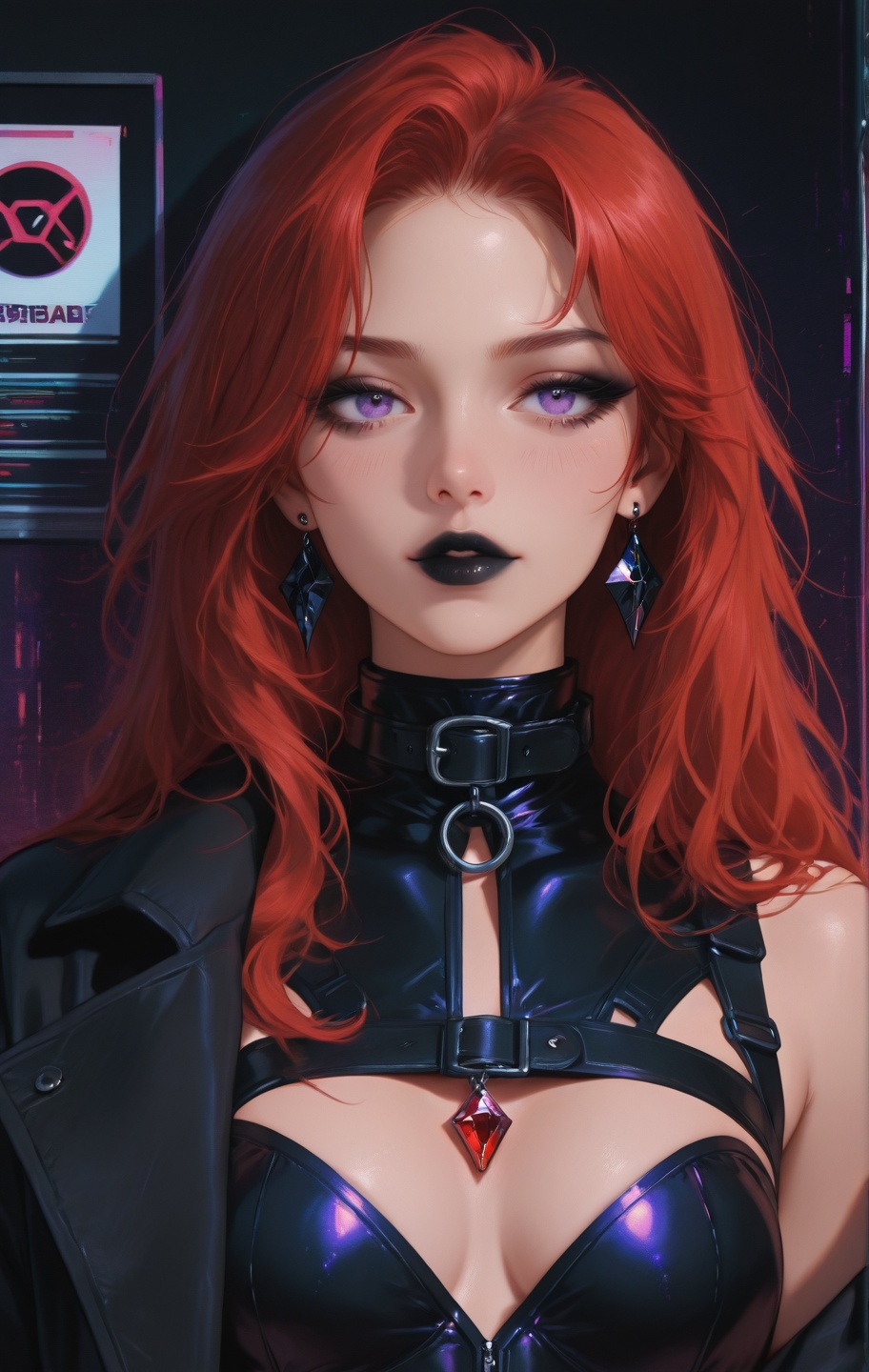 long red hair with purple streaks and purple undertone,  purple eyes,  solo on Tensor.Art