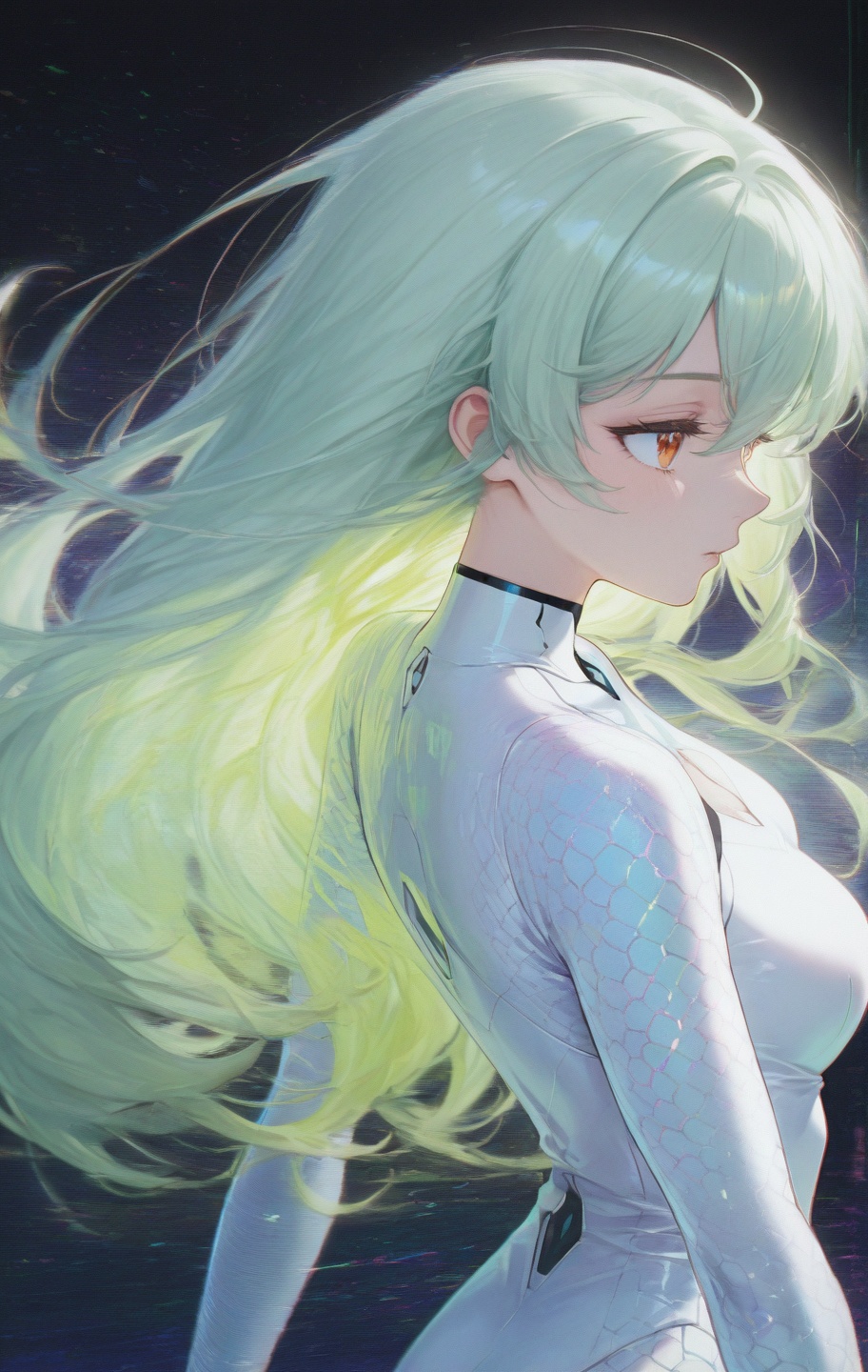 Side-profile silhouette of an anime girl facing right,  pure white cutout figure with long flowing hair and soft delicate...