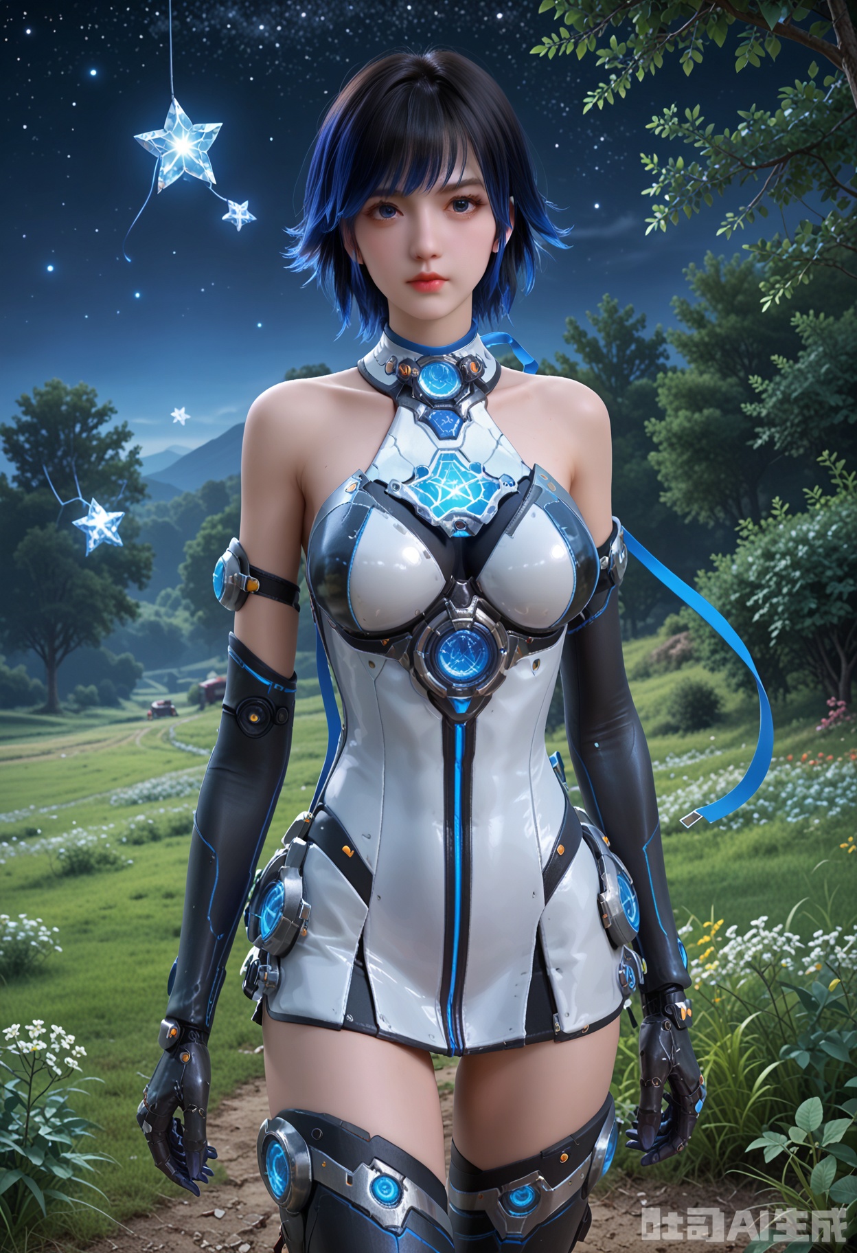 score_9,score_8_up,score_7_up,highly detailed,ultra-high best quality,masterpiece,realistic,ultra-fine painting,extreme detail description,Professional,Vivid Colors,(((extremely detailed CG unity 8k wallpaper))),an extremely delicate and beautiful,official art,sweet and delicate girl,delicate facial features,perfect bright figure,surrounded,Bright,romantic long hair,natural light,warm and sweet,a girl,
1girl,short hair,blue eyes,elbow gloves,(blue hair:1.2),gloves,breasts,thighhighs,bare shoulders,lips,glowing,cyborg,short dress,black hair,(two-tone hair:1.3),(blue ribbon on the back),
(in a meadow:1.3),(night:1.2),(stars:1.3),((perfect legs:1.2)),(large breasts:1.2),
