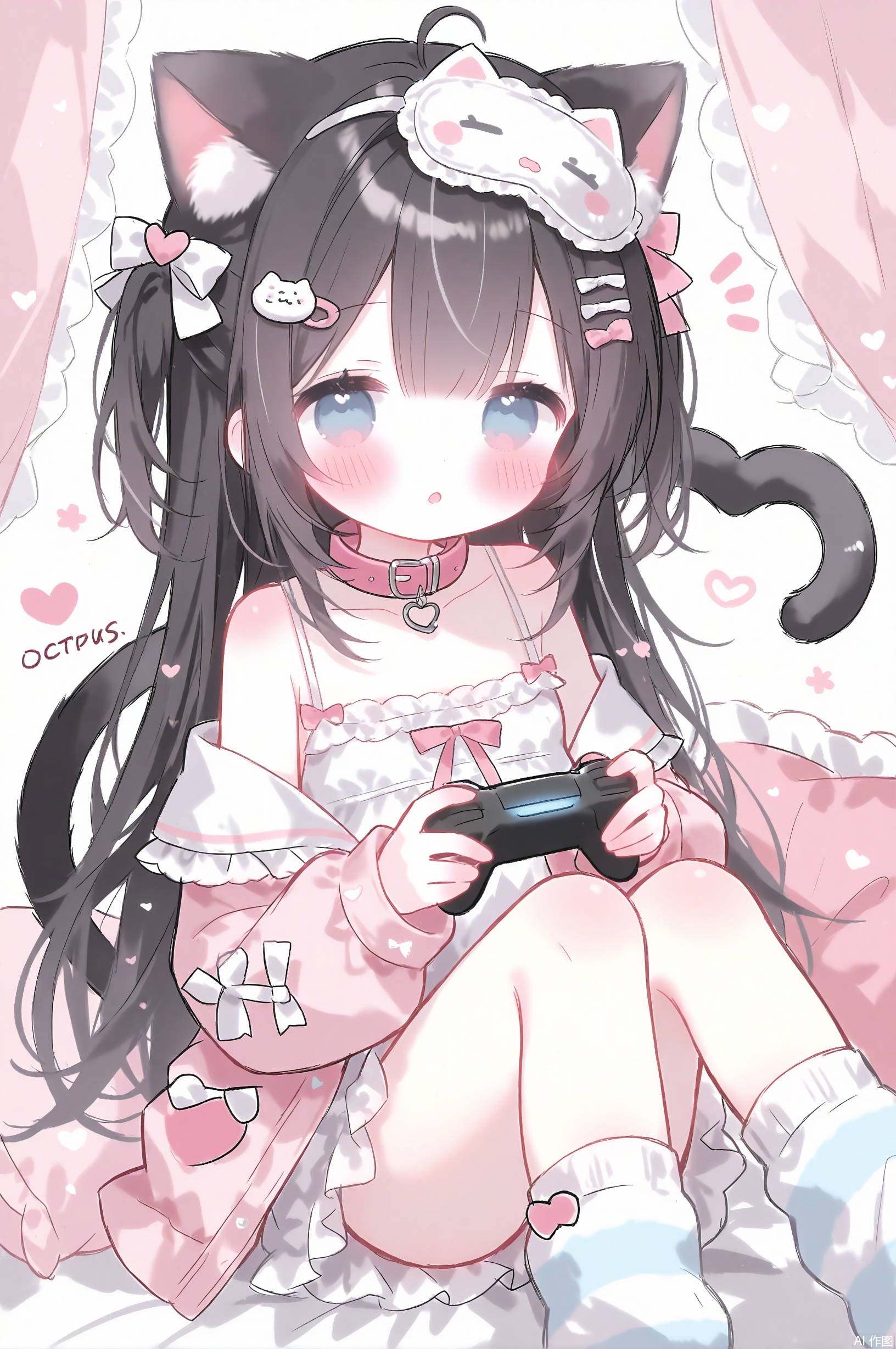 1girl, solo, long hair, looking at viewer, blush, bangs, blue eyes, black hair, hair ornament, long sleeves, dress, bow, animal ears, hair between eyes, bare shoulders, sitting, collarbone, jacket, tail, ahoge, heart, parted lips, food, open clothes, socks, puffy sleeves, virtual youtuber, cat ears, signature, off shoulder, white dress, :o, open jacket, cat tail, animal ear fluff, sleeves past wrists, pillow, mask, feet out of frame, white bow, cat girl, camisole, puffy long sleeves, sleeves past fingers, heart hair ornament, tail ornament, notice lines, controller, mask on head, pink jacket, loose socks, cat hair ornament, white camisole, striped socks, eye mask, heart tail, sleep mask