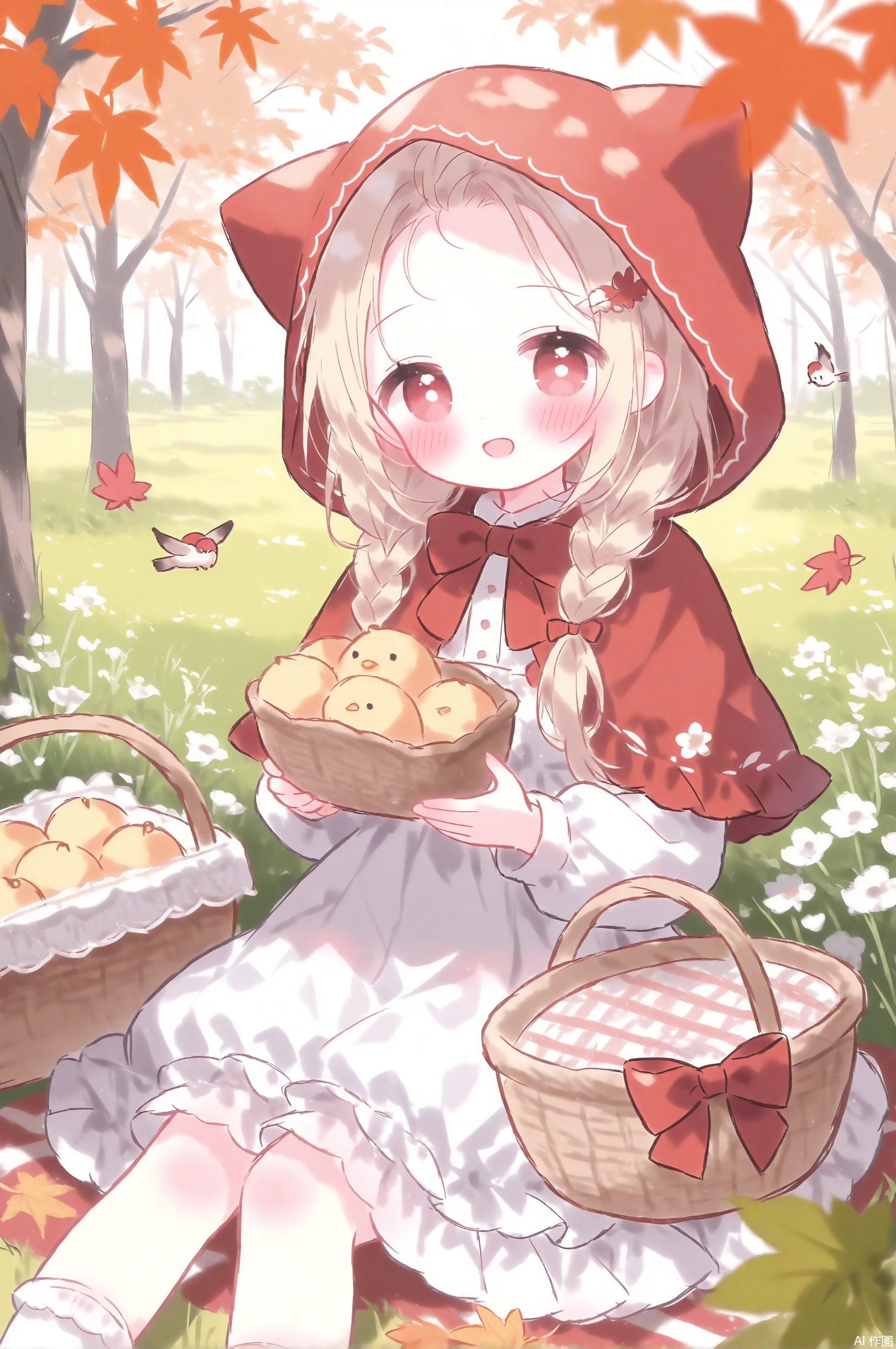 1girl, basket, solo, dress, long_hair, hood, blonde_hair, red_eyes, flower, looking_at_viewer, smile, sitting, outdoors, blush, white_dress, hair_ornament, leaf, autumn_leaves, white_socks, open_mouth, hooded_capelet, white_flower, hair_flower, socks, capelet, bird, :d, tree, frills, hood_up, day, braid, blurry, red_capelet, depth_of_field, little_red_riding_hood_(grimm), forehead, frilled_dress, feet_out_of_frame, picnic_basket, maple_leaf, bow, animal, holding_basket,
