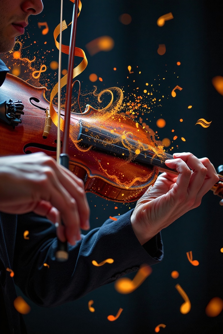 A close-up of a violinistâs hands as they play a haunting melody,  rendered in a ral-dissolve style. The wooden body of...