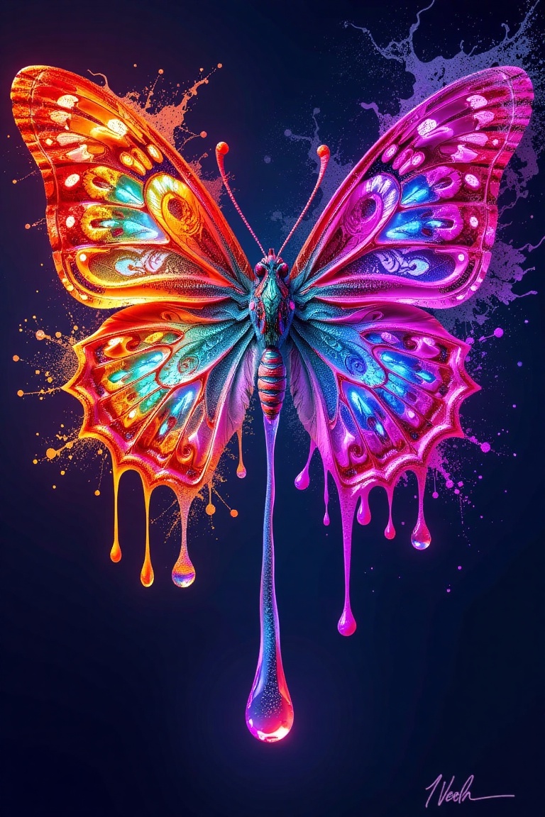 A vibrant butterfly rendered in psychedelic art style,  its wings adorned with swirling,  kaleidoscopic patterns in neon c...