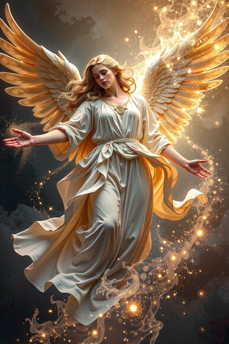 A baroque-style painting of a celestial angel,  adorned with flowing robes and radiant light. In a ral-dissolve effect,  t...
