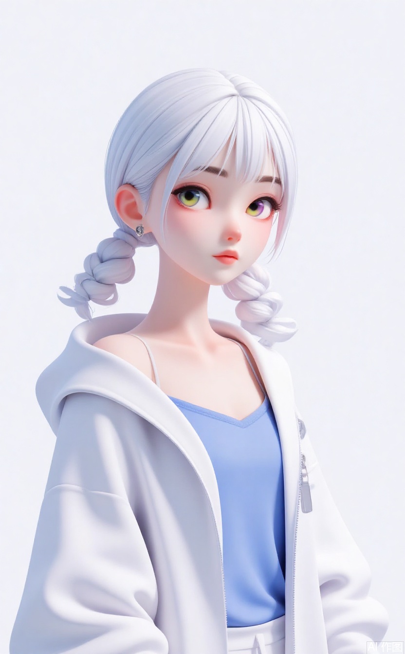 masterpiece,very aware,highres,absurdres,newest,best quality,loli,petite,high quality,chromatic_aberration,//,1girl,solo,white hair,diamond hair ornament,blue eyes,multicolored eyes,hood,hood down,hooded jacket,blunt bangs,low twintails,jacket,twintails,looking at viewer,hair over shoulder,closed mouth,expressionless,from side,portrait,white jacket,upper body,white background,blurry,long hair,yellow pupils,hair ornament,bare shoulders,simple background,pink eyes,depth of field,blue shirt,shirt,hoodie,hairclip,low-tied sidelocks,gradient eyes,off shoulder,looking to the side,masterpiece,best quality,newest,masterpiece,best quality,very aesthetic,highres,highres,absurdres,//,//,(artist:ningen_mame:0.7),(artist:reoen:0.85),(nababa:0.3),(wanke:0.4),(modare:0.6),(wlop:0.6),(rei_(sanbonzakura):0.4),//,