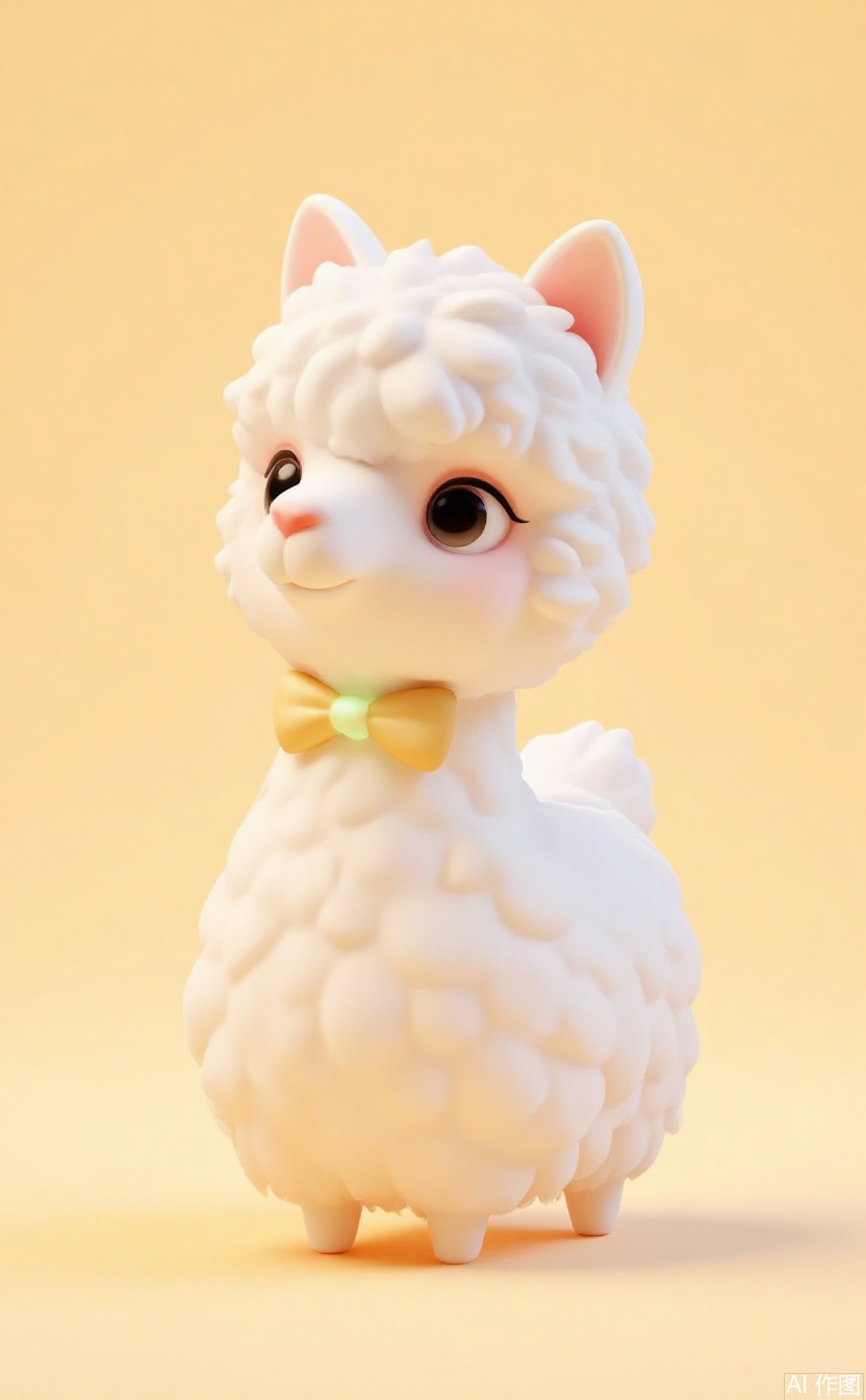 Chibi 3D alpaca with fluffy coat.Creamy white fur texture,wearing a glowing bowtie.Background soft yellow to golden gradient.,