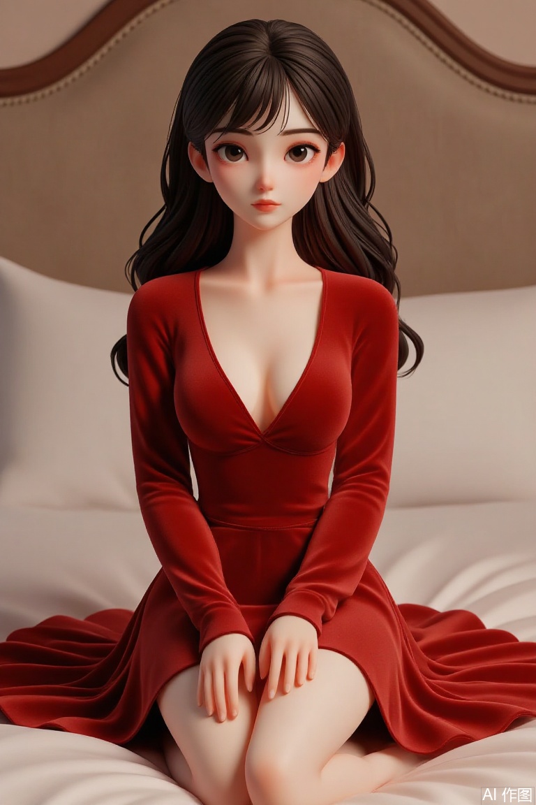 pvc figure,garage kit,resin kit,figurine,anime figure,HDR,Ultra High Resolution,300dpi,Saturation,photography,high quality,perfect hands The image is a portrait of a young woman sitting on a bed. She is wearing a red velvet dress with long sleeves and a deep V-neckline. The dress is fitted at the waist and flares out slightly at the hips. The woman is sitting with her legs crossed and her arms resting on her knees. She has long dark hair styled in loose waves and is looking directly at the camer