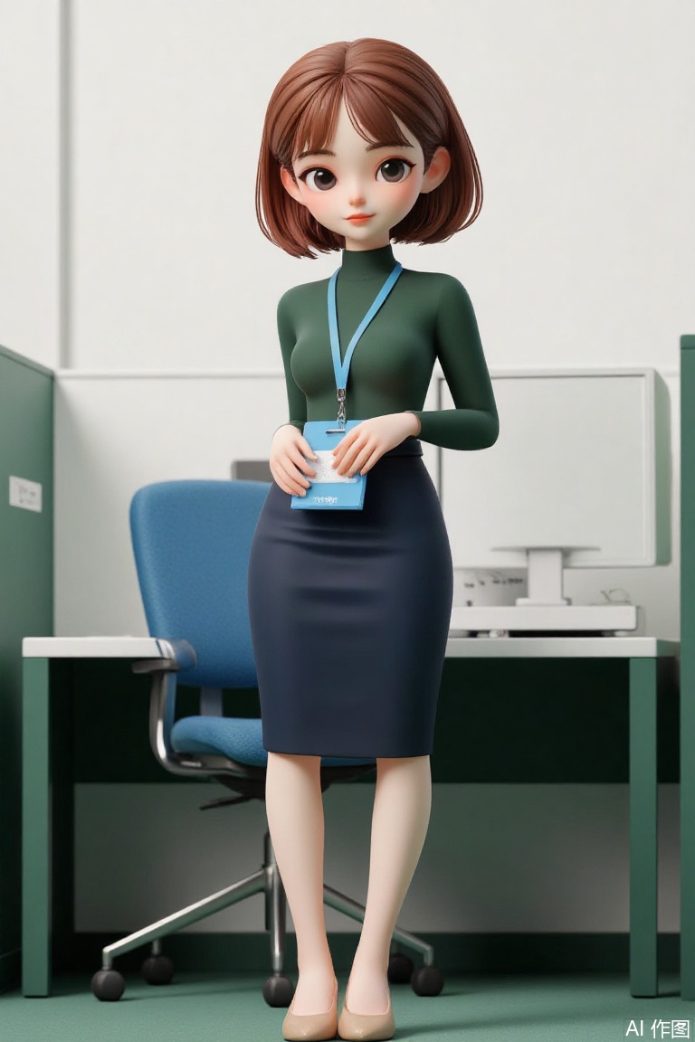 A cartoon blind box trendy toy,the whole body,a slim girl,red-brown hair,black eyes,a faint smile,standing in front of a spacious Office cubicle with dark green partition and white desktop before the white wall,Blue cushioned steel leg office chair,There is only a white vintage computer on the desktop,she is wearing a deep green tight-fitting turtleneck and navy blue half-body straight tube skirt,the high saturation pure blue card with a high saturation pure blue lanyard hung around her neck,beige court shoes,dark green carpet,clean background,chibi,