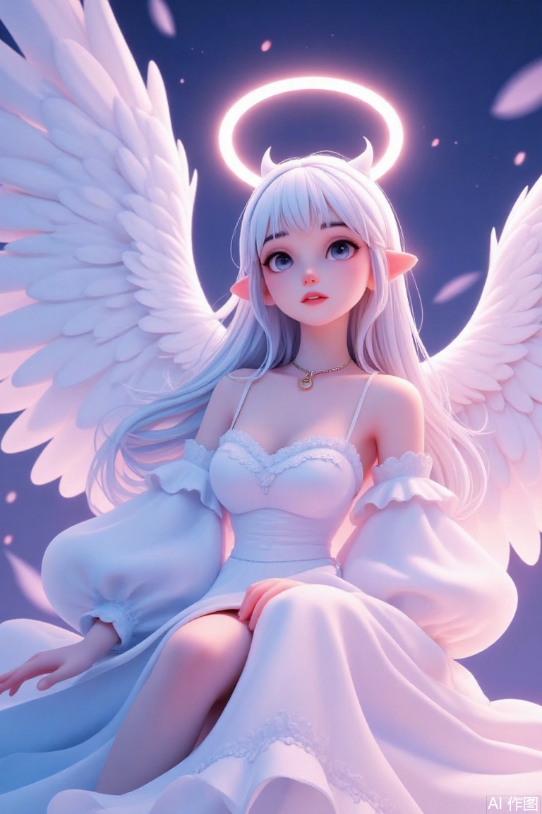 fantasy,[artis:sy4],[artist:fuzichoco],artist:you_shimizu:0.75,artist:nibiiro_shizuka:0.6,artist:ciloranko,artist:chen bin,[artist:ningen_mame],artist:ciloranko,[artist:sho_(sho_lwlw)],colorful,,night,high quality, detailed texture, in the best style of tantalizing, lustful anticipation art.depth of field, light particles, lens flare, (artist:quasarcake:0.8),extreme aesthetic,(wlop:0.6), wanke,rella,wanke,masterpiece,best quality,good quality,very aesthetic,absurdres,Visual impact,Electromotive force, perspective composition, A shot with tension, ultra-high resolution,32K UHD,sharp focus,best quality,masterpiece,Emotionalization masterpiece, unconventional supreme,masterful details,with a high end texture,in the style of fashion photography, (Visual impact:1.2),giving the poster a dynamic and visually striking appearance,impactful picture,offcial art,colorful ,splash of color, movie perspective, masterpiece,best quality,amazing quality,very aesthetic, absurdres,best quality,newest,high_heels,skinny,,wings,1girl,feathered wings,long hair,sitting,white hair,dress,white wings,angel wings,bangs,choker,grey eyes,feathers,collarbone,angel,closed mouth,wide sleeves,frills,shirt,white dress,halo,Sheep horn,