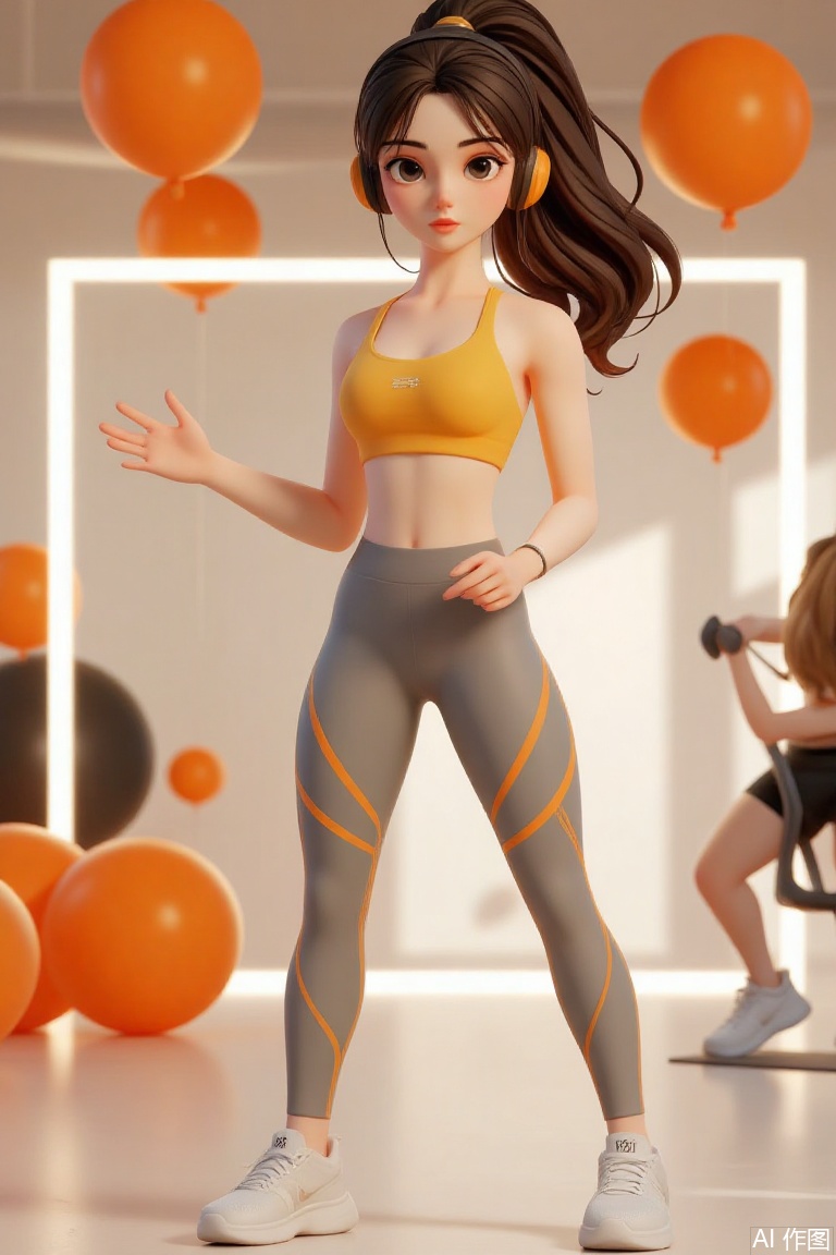 This is a CGI image of a young woman with light skin and long,wavy brown hair tied in a high ponytail. She wears a yellow sports bra and grey leggings,with orange accents,and white sneakers. She has large,expressive eyes and is wearing headphones. The background shows a blurred gym setting with exercise equipment and orange balloons.,