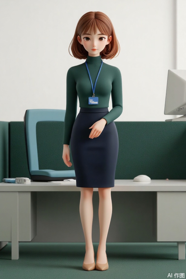 A cartoon blind box trendy toy,the whole body,a slim girl,red-brown hair,black eyes,a faint smile,standing in front of a spacious Office cubicle with dark green partition and white desktop before the white wall,Blue cushioned steel leg office chair,There is only a white vintage computer on the desktop,she is wearing a deep green tight-fitting turtleneck and navy blue half-body straight tube skirt,the high saturation pure blue card with a high saturation pure blue lanyard hung around her neck,beige court shoes,dark green carpet,clean background,chibi,