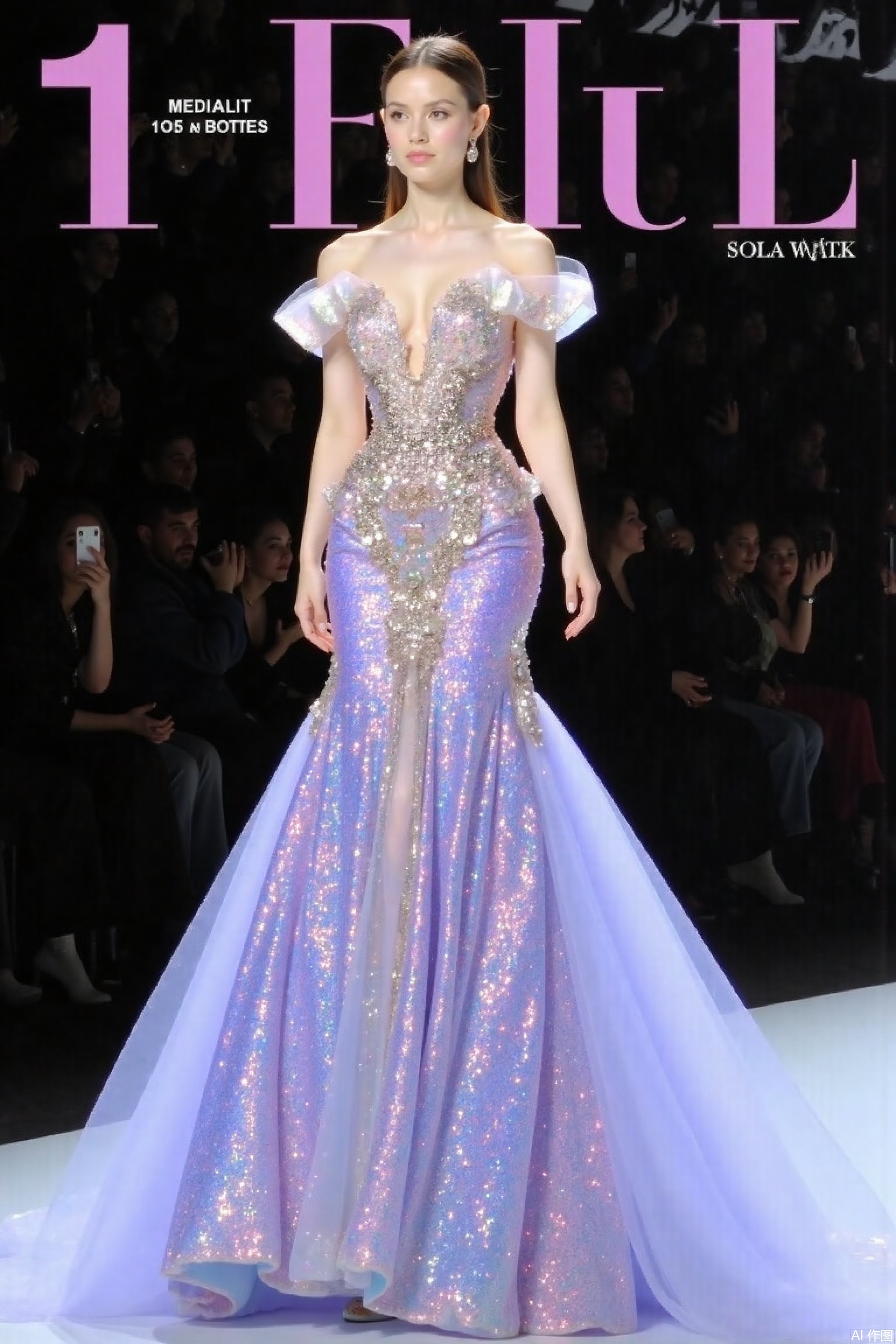 magazine cover,1girl, solo, dress, bare shoulders, short sleeves, glitter dress