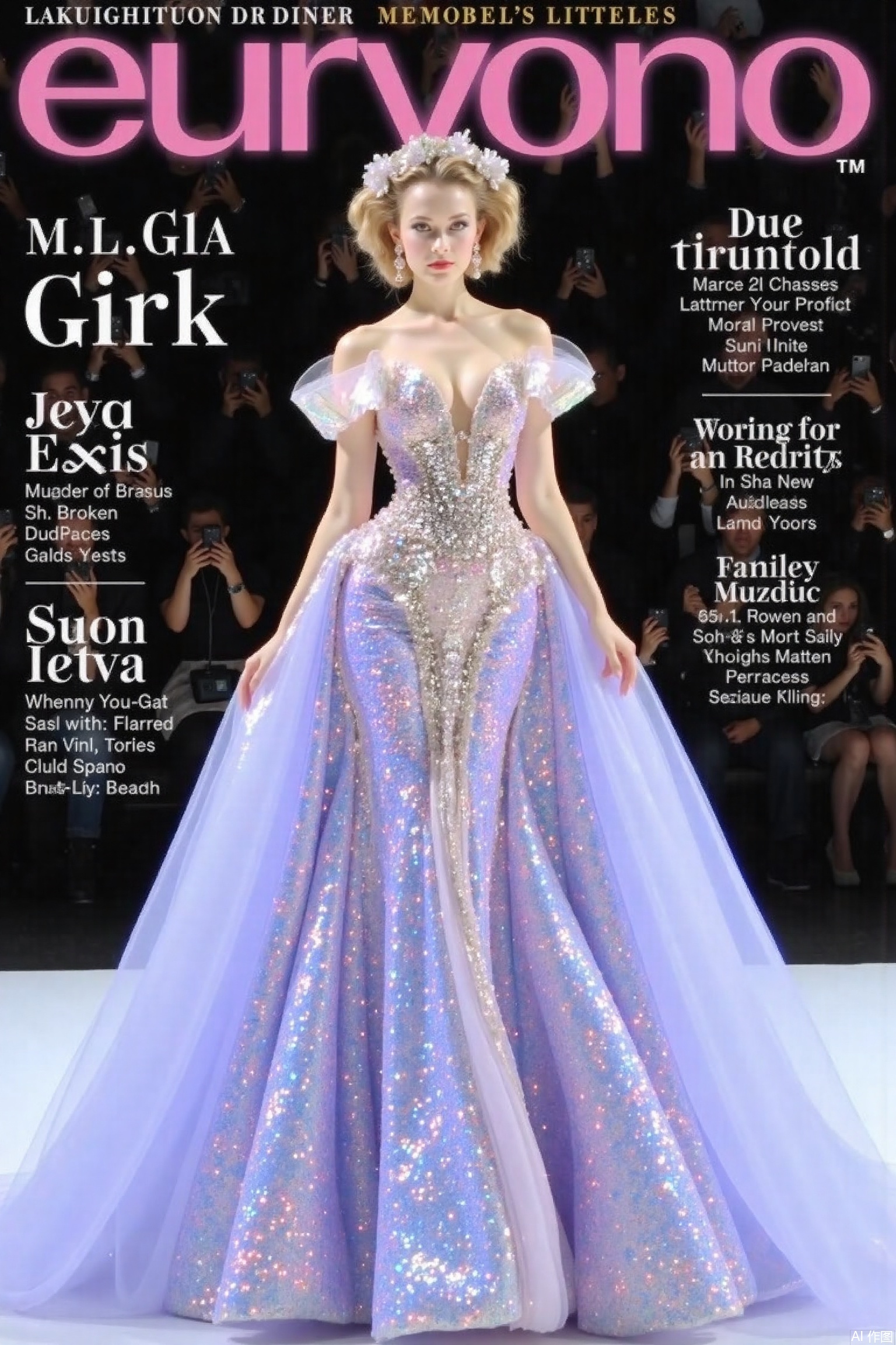 magazine cover,1girl, solo, dress, bare shoulders, short sleeves, glitter dress