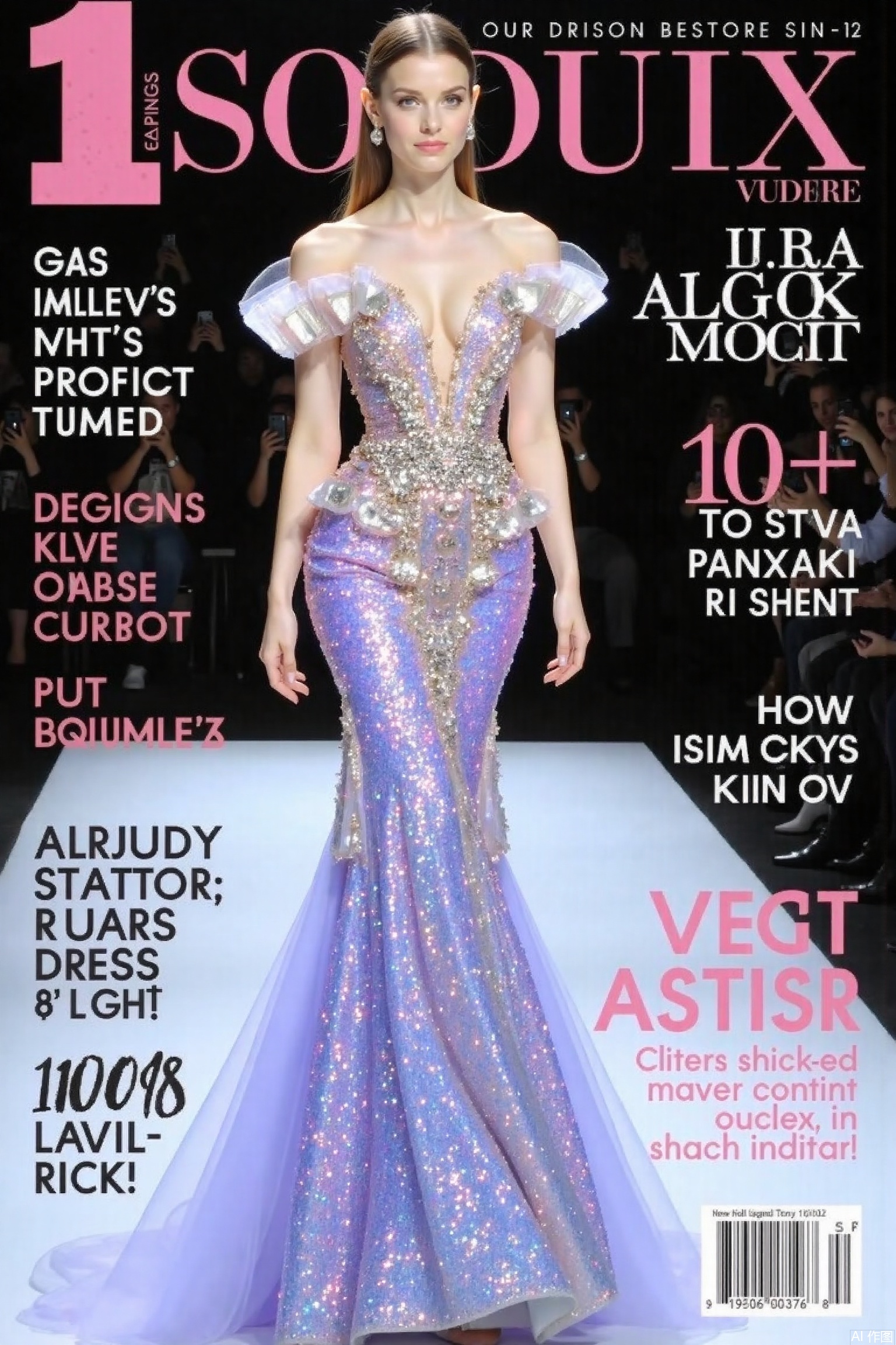 magazine cover,1girl, solo, dress, bare shoulders, short sleeves, glitter dress