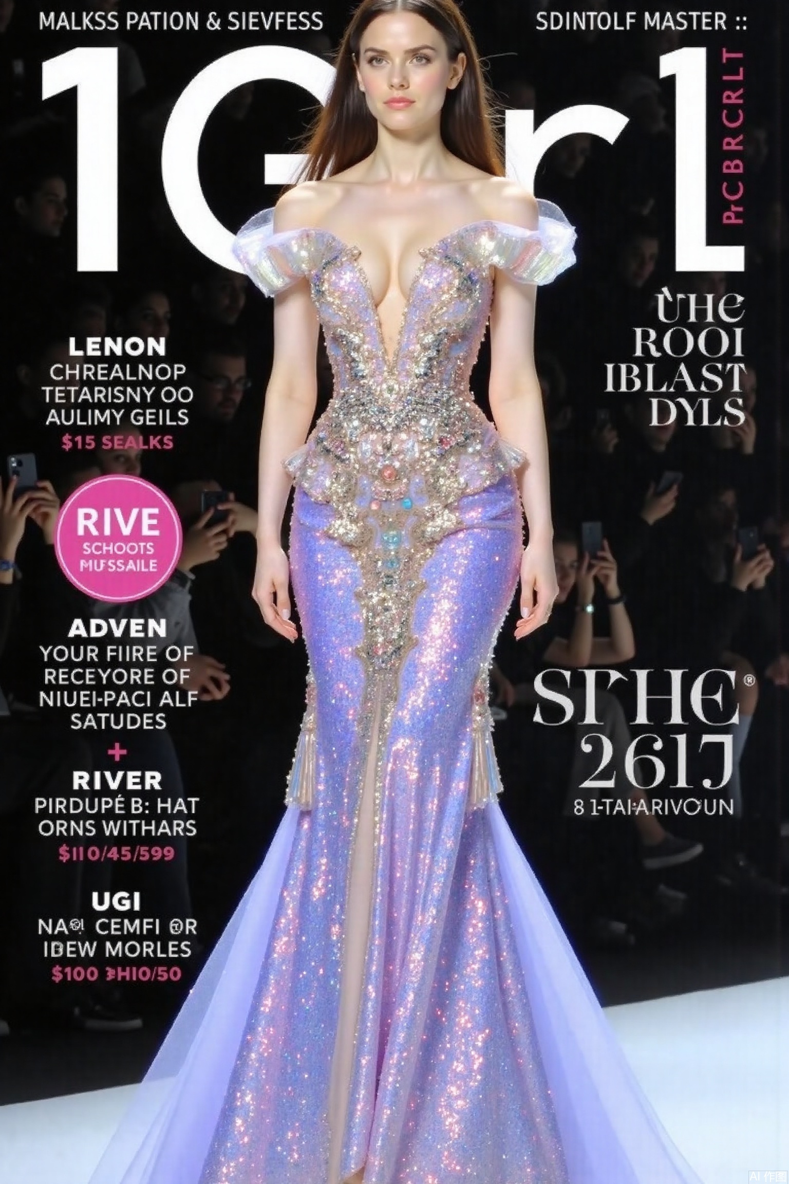 magazine cover,1girl, solo, dress, bare shoulders, short sleeves, glitter dress