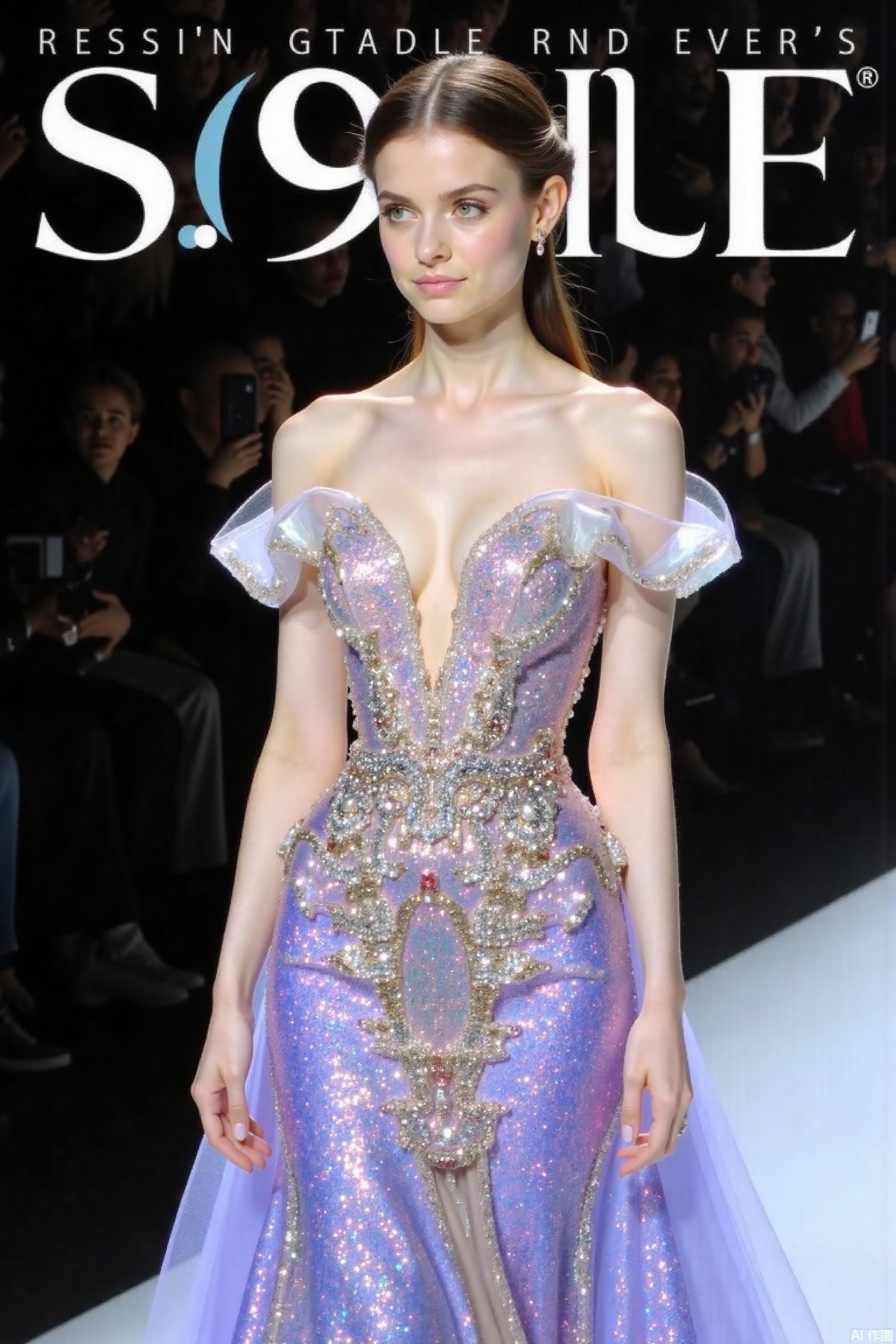 magazine cover,1girl, solo, dress, bare shoulders, short sleeves, glitter dress