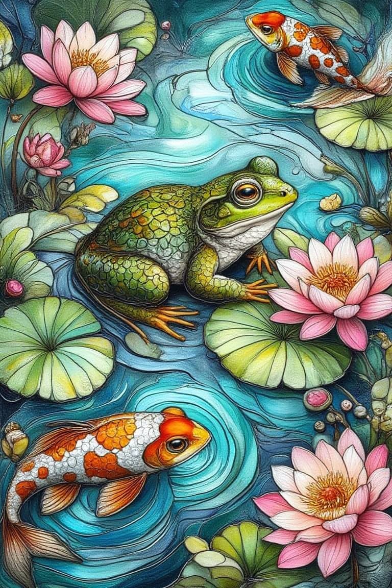 Create a vibrant stained glass collage artwork depicting a green frog resting peacefully under a lush green lilypad,  surr...