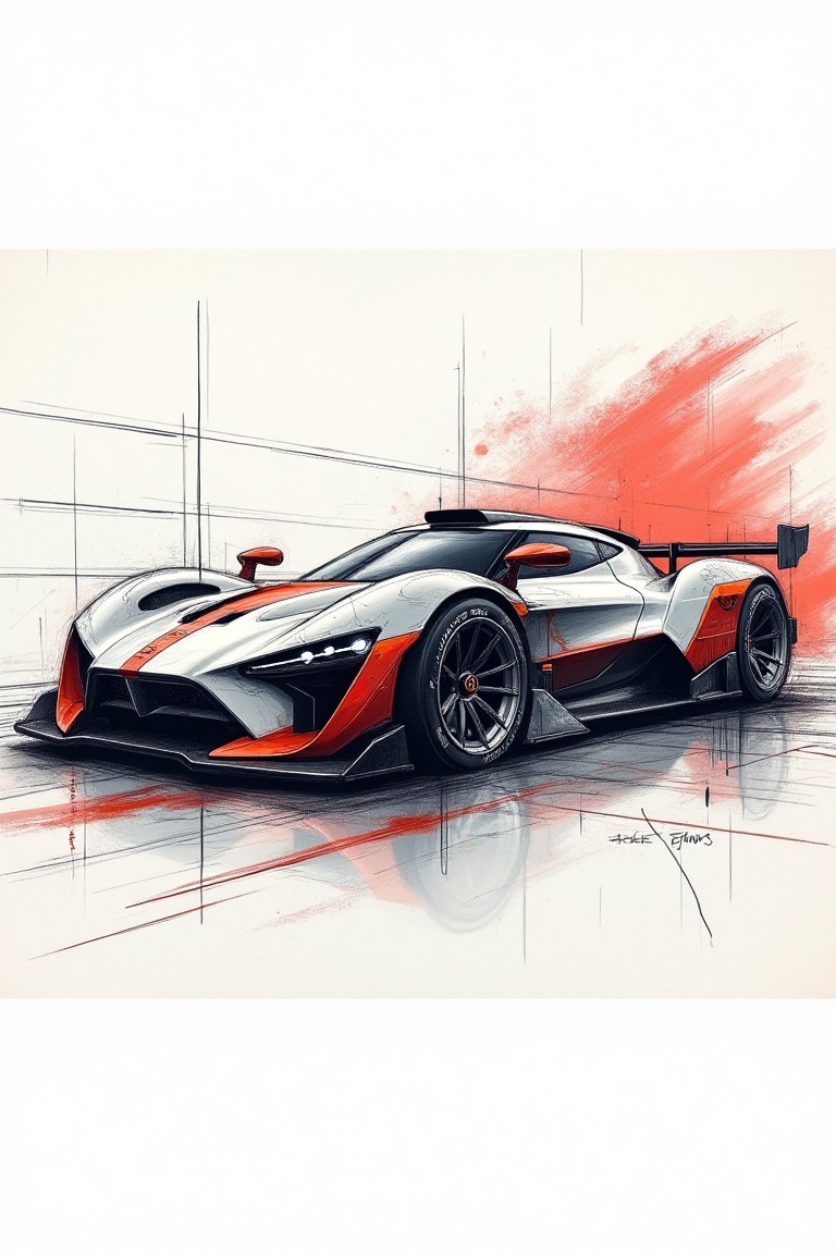 Create a dynamic hand-drawn racing style sketch of the EV car (Proton eMas 7 CKD) from the attached photo,  preserving all...