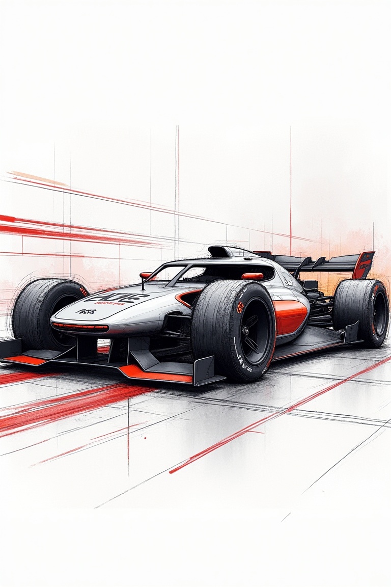 A dynamic hand-drawn racing style sketch of the EV car (Proton eMas 7 CKD) from the attached photo (preserve all unique mo...