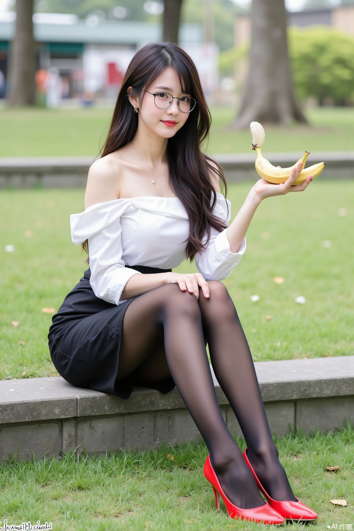 Realistic photo, one young woman, glasses, long hair, fair skin, big breasts, off shoulder shirt, pencil skirt, stockings, long legs, red high heels, full body, sitting on the lawn, on campus, holding a banana in hand,