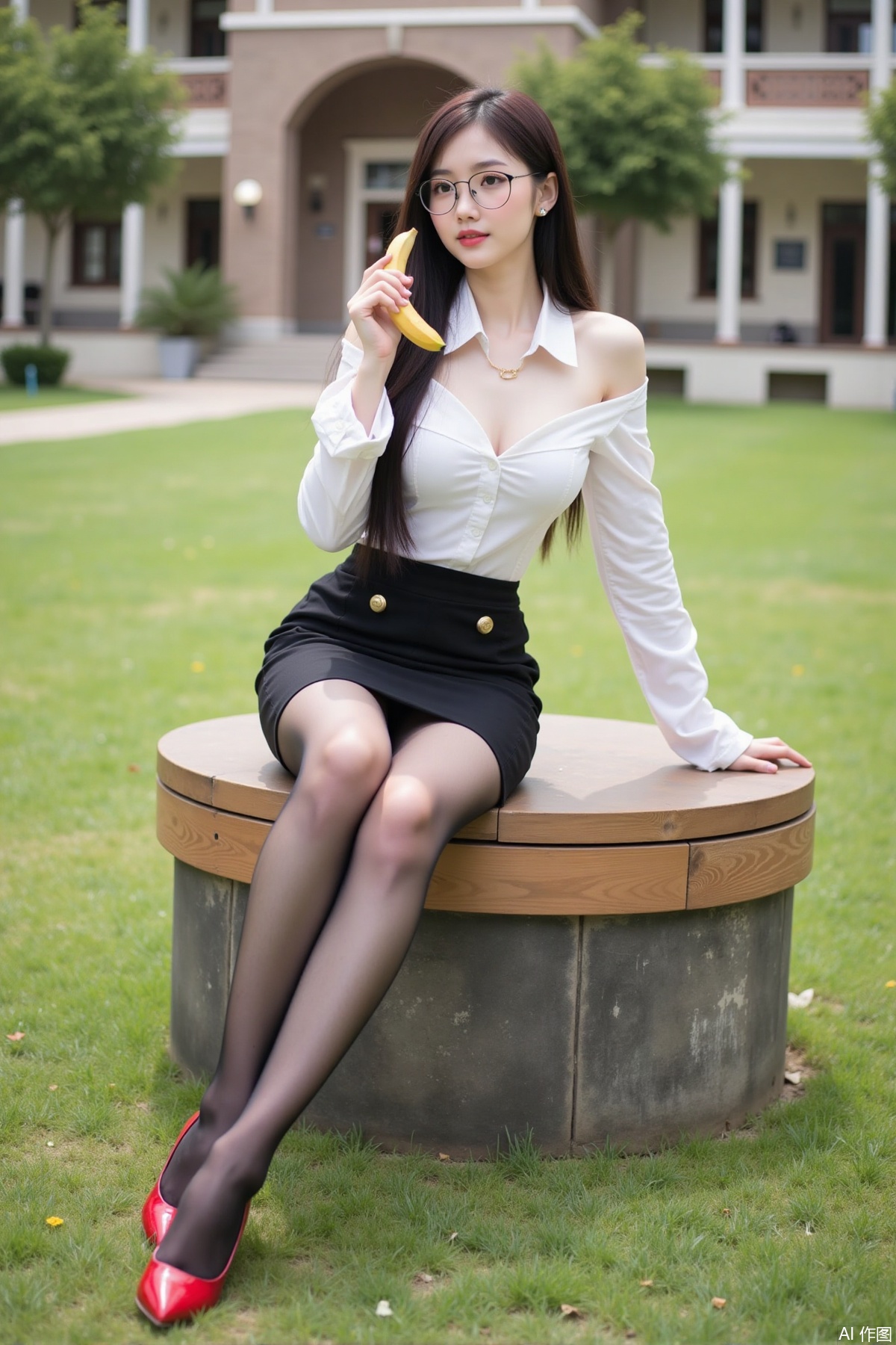 Realistic photo, one young woman, glasses, long hair, fair skin, big breasts, off shoulder shirt, pencil skirt, stockings, long legs, red high heels, full body, sitting on the lawn, on campus, holding a banana in hand,