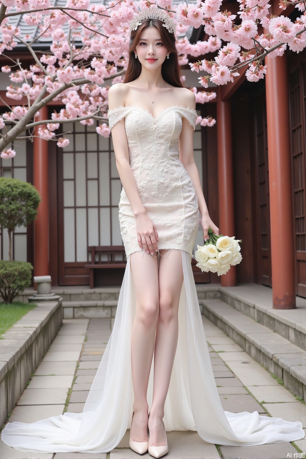 Realistic photo of a young woman with long hair, fair skin, big breasts, off-shoulder lace wedding dress, long legs, high heels, Japanese luxury courtyard, cherry blossoms,
