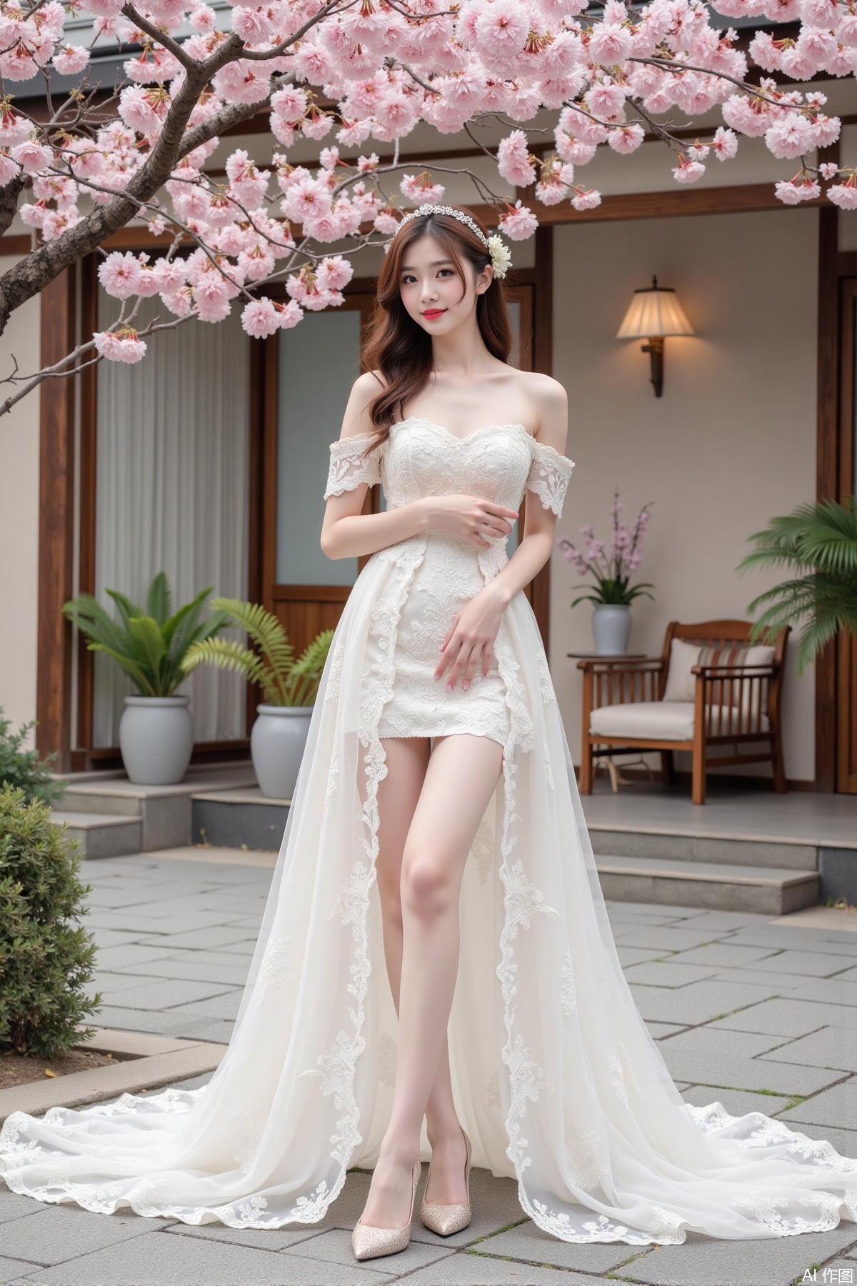 Realistic photo of a young woman with long hair, fair skin, big breasts, off-shoulder lace wedding dress, long legs, high heels, Japanese luxury courtyard, cherry blossoms,