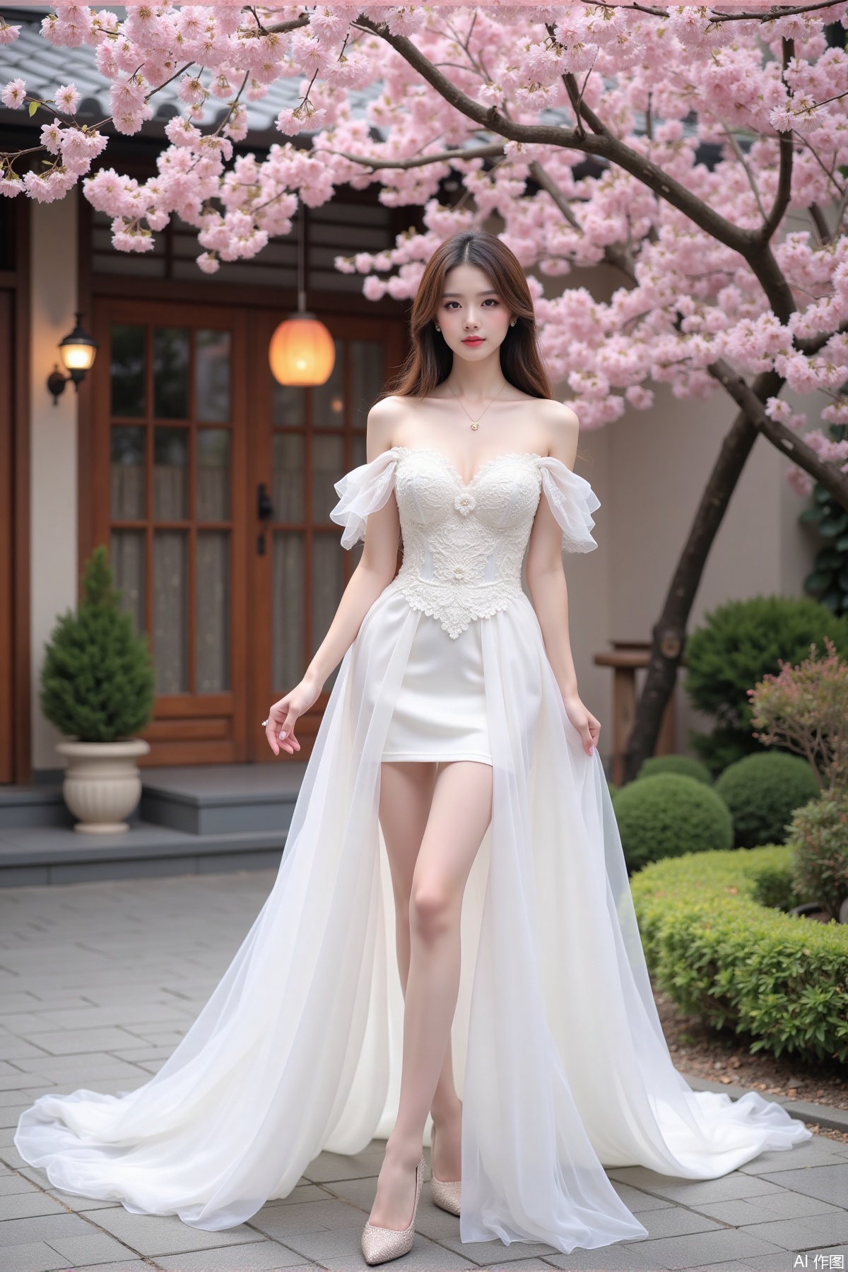 Realistic photo of a young woman with long hair, fair skin, big breasts, off-shoulder lace wedding dress, long legs, high heels, Japanese luxury courtyard, cherry blossoms,