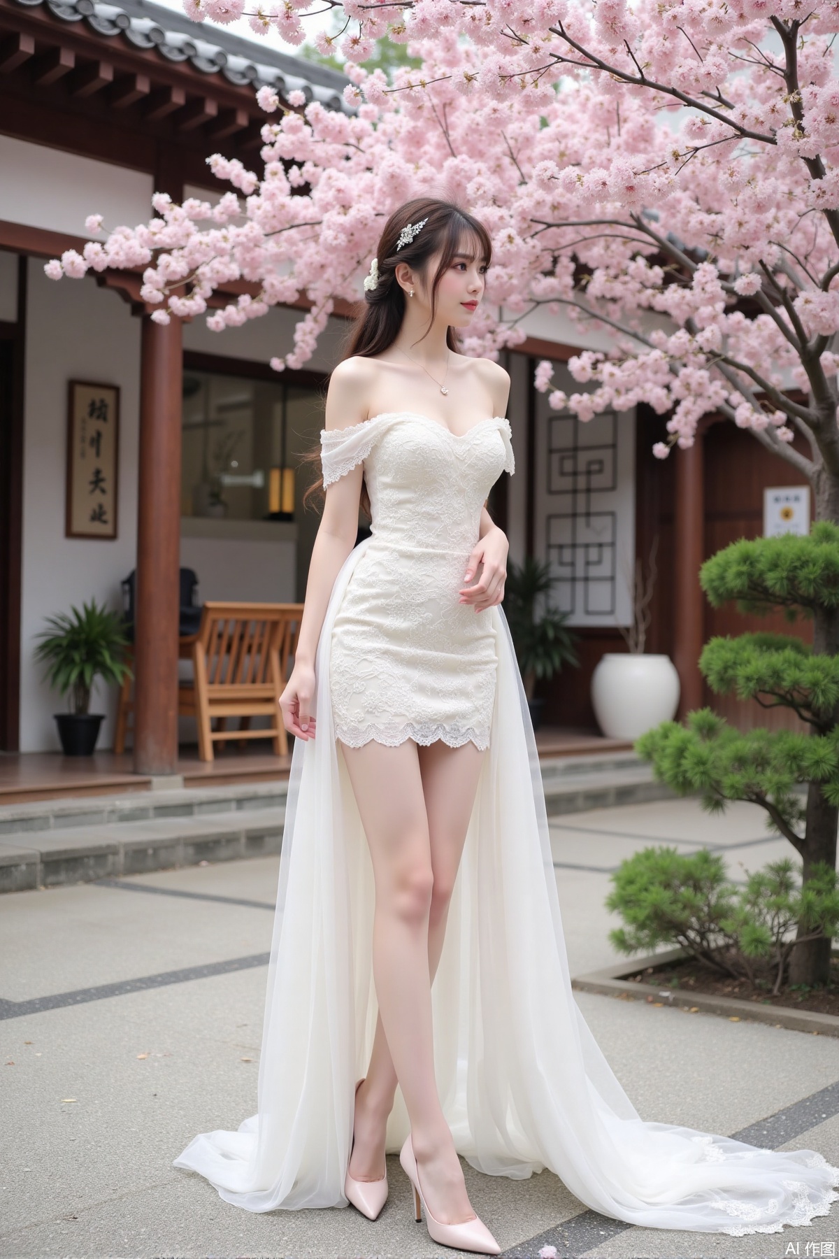 Realistic photo of a young woman with long hair, fair skin, big breasts, off-shoulder lace wedding dress, long legs, high heels, Japanese luxury courtyard, cherry blossoms,
