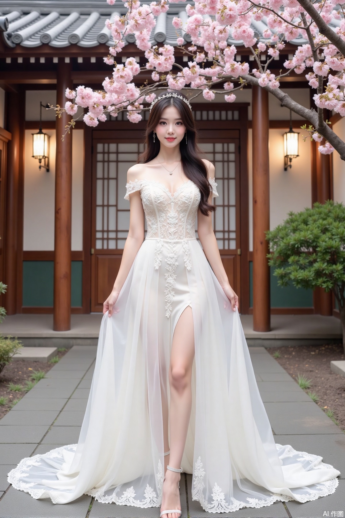 Realistic photo of a young woman with long hair, fair skin, big breasts, off-shoulder lace wedding dress, long legs, high heels, Japanese luxury courtyard, cherry blossoms,