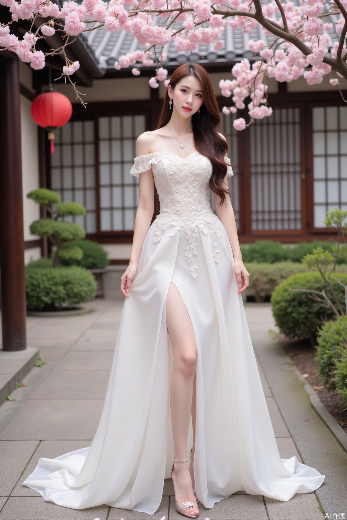 Realistic photo of a young woman with long hair, fair skin, big breasts, off-shoulder lace wedding dress, long legs, high heels, Japanese luxury courtyard, cherry blossoms,