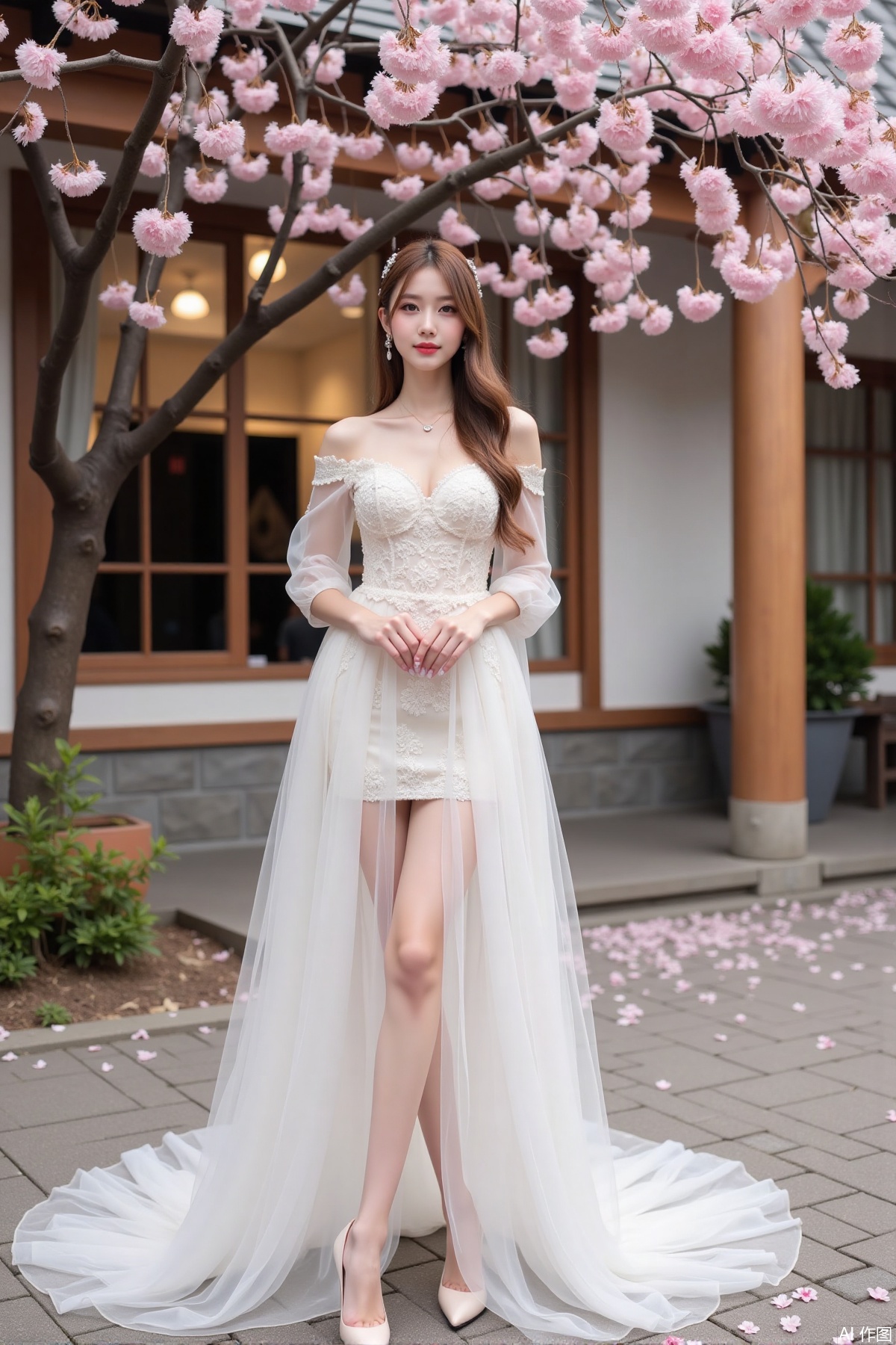 Realistic photo of a young woman with long hair, fair skin, big breasts, off-shoulder lace wedding dress, long legs, high heels, Japanese luxury courtyard, cherry blossoms,