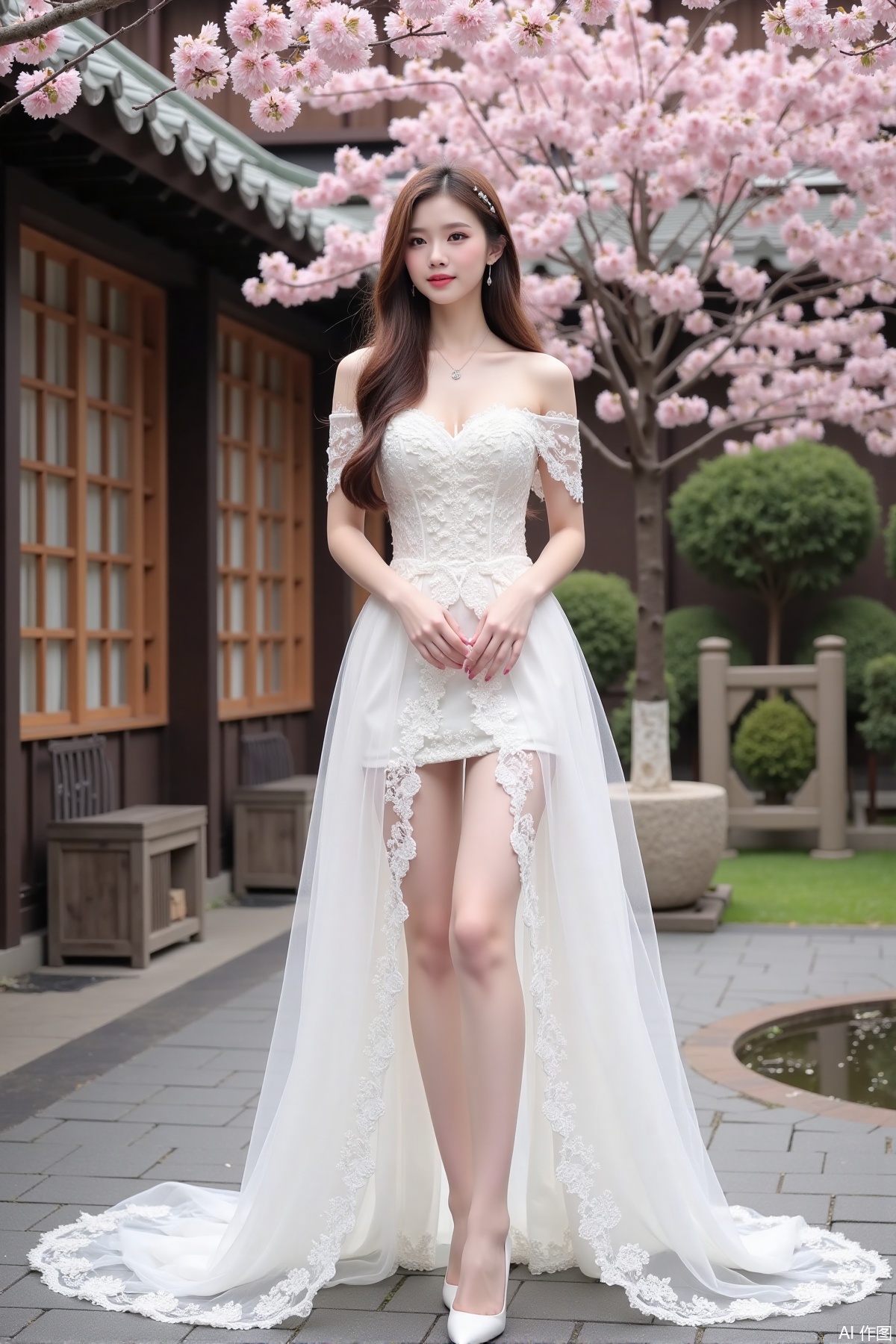 Realistic photo of a young woman with long hair, fair skin, big breasts, off-shoulder lace wedding dress, long legs, high heels, Japanese luxury courtyard, cherry blossoms,