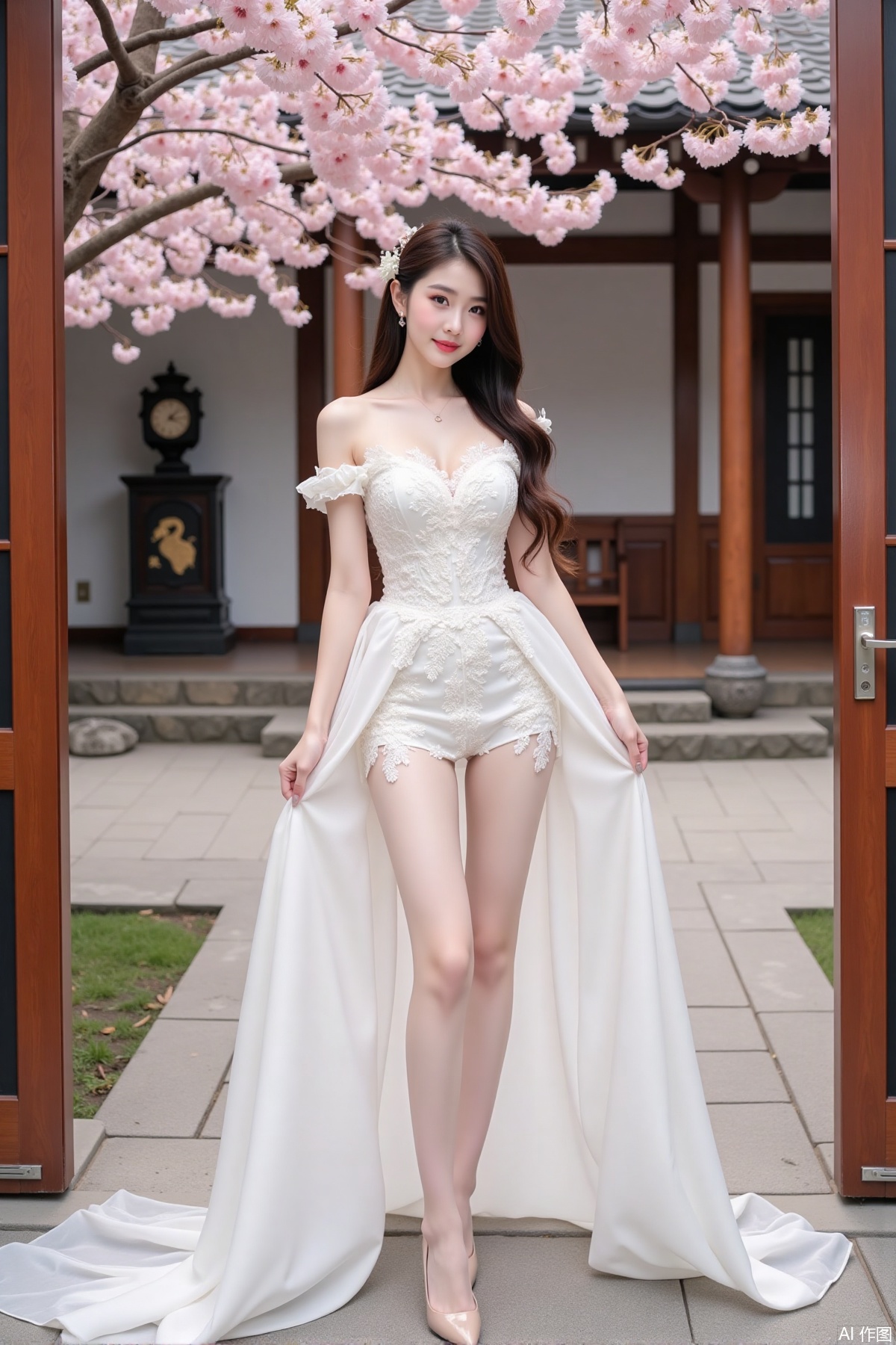 Realistic photo of a young woman with long hair, fair skin, big breasts, off-shoulder lace wedding dress, long legs, high heels, Japanese luxury courtyard, cherry blossoms,