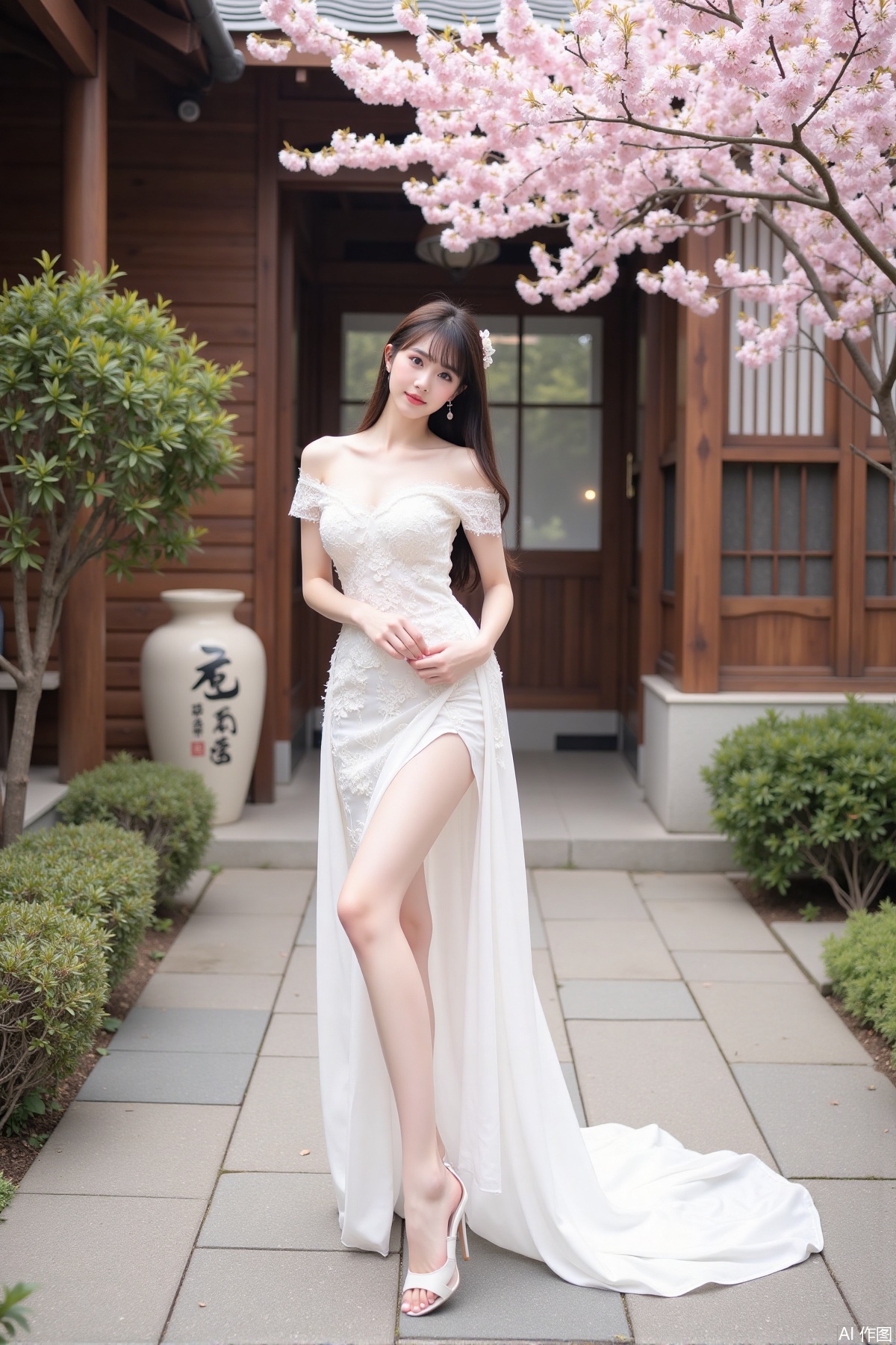 Realistic photo of a young woman with long hair, fair skin, big breasts, off-shoulder lace wedding dress, long legs, high heels, Japanese luxury courtyard, cherry blossoms,