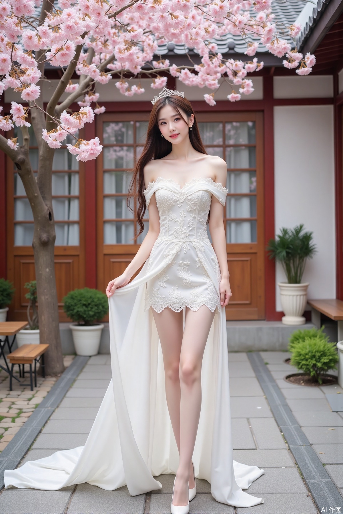 Realistic photo of a young woman with long hair, fair skin, big breasts, off-shoulder lace wedding dress, long legs, high heels, Japanese luxury courtyard, cherry blossoms,
