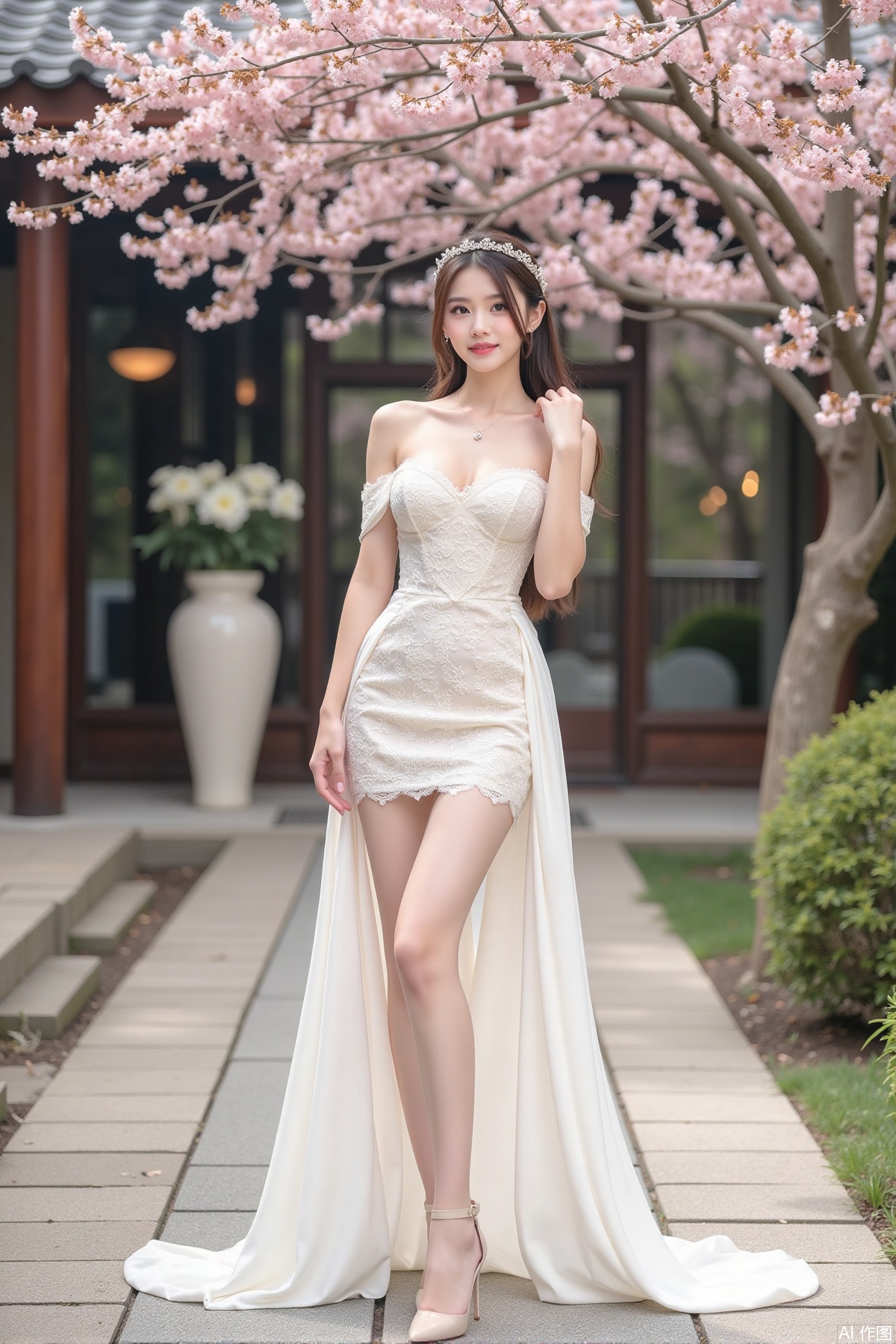 Realistic photo of a young woman with long hair, fair skin, big breasts, off-shoulder lace wedding dress, long legs, high heels, Japanese luxury courtyard, cherry blossoms,