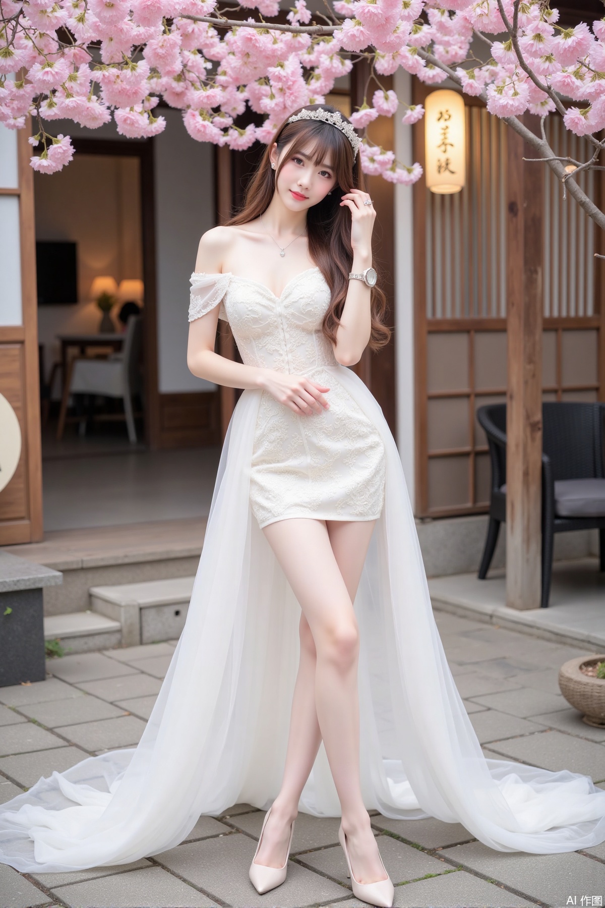 Realistic photo of a young woman with long hair, fair skin, big breasts, off-shoulder lace wedding dress, long legs, high heels, Japanese luxury courtyard, cherry blossoms,