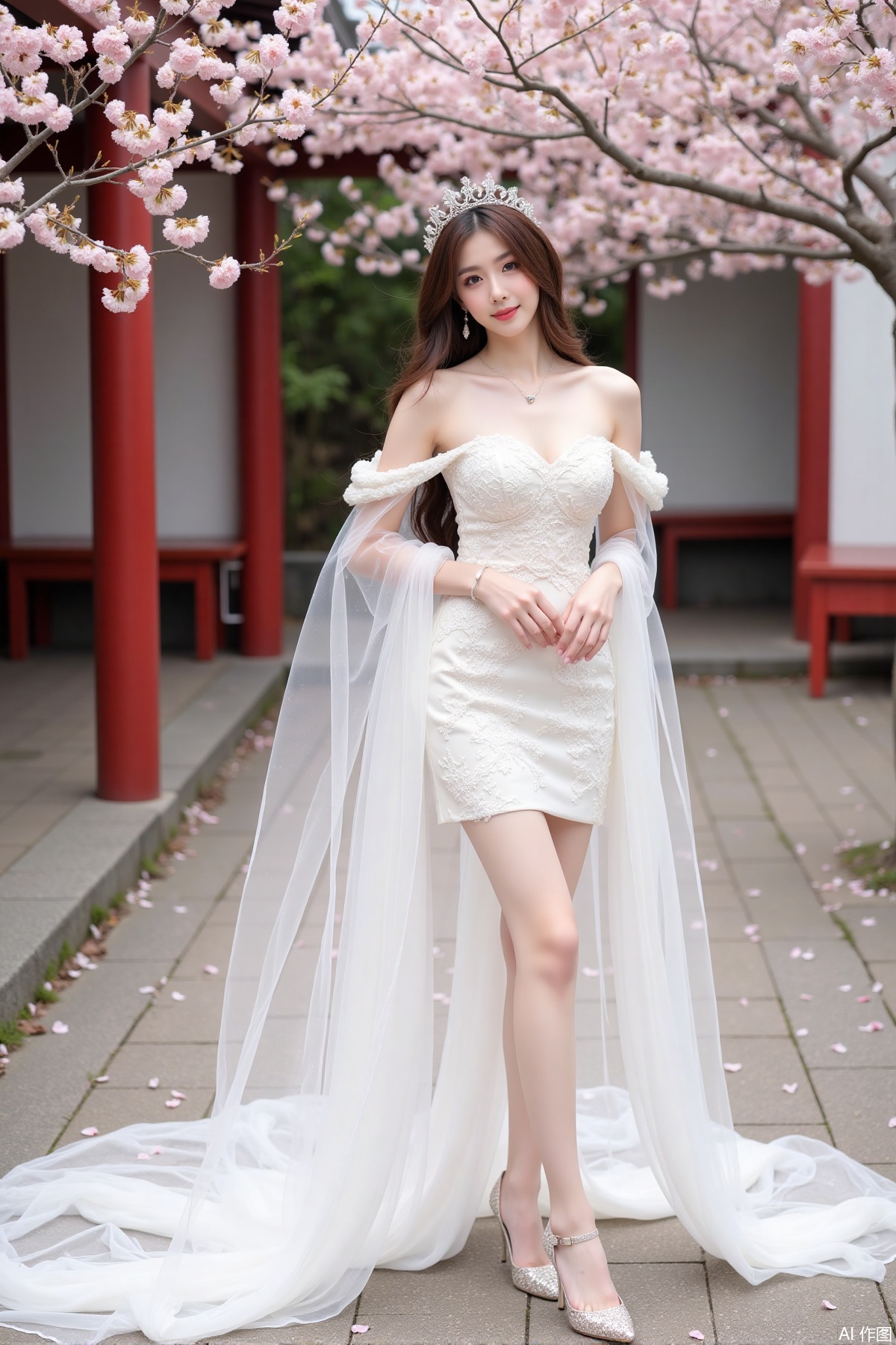 Realistic photo of a young woman with long hair, fair skin, big breasts, off-shoulder lace wedding dress, long legs, high heels, Japanese luxury courtyard, cherry blossoms,
