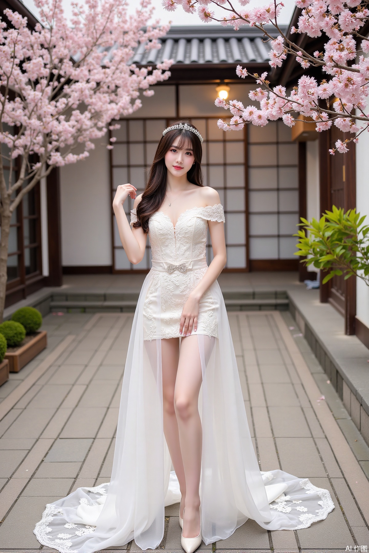 Realistic photo of a young woman with long hair, fair skin, big breasts, off-shoulder lace wedding dress, long legs, high heels, Japanese luxury courtyard, cherry blossoms,