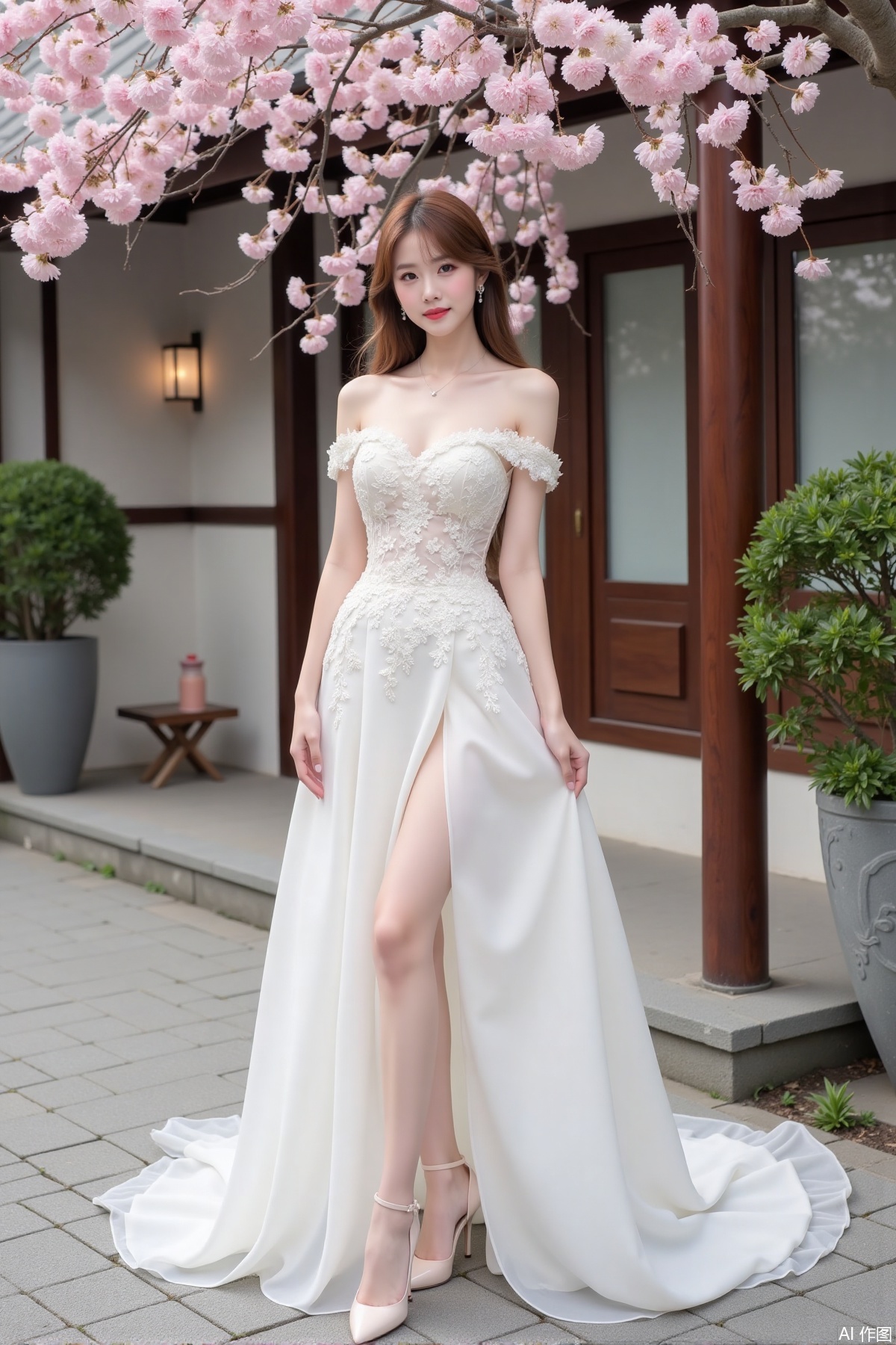 Realistic photo of a young woman with long hair, fair skin, big breasts, off-shoulder lace wedding dress, long legs, high heels, Japanese luxury courtyard, cherry blossoms,