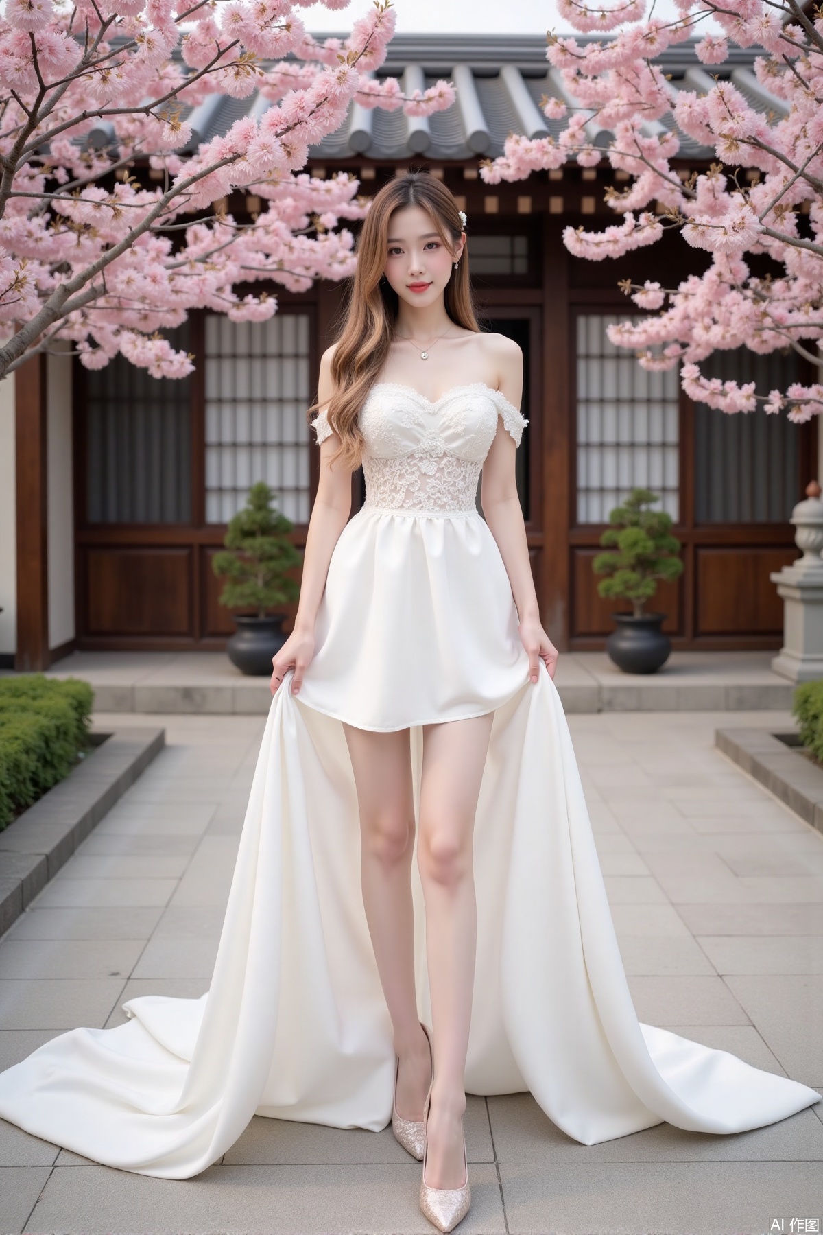 Realistic photo of a young woman with long hair, fair skin, big breasts, off-shoulder lace wedding dress, long legs, high heels, Japanese luxury courtyard, cherry blossoms,