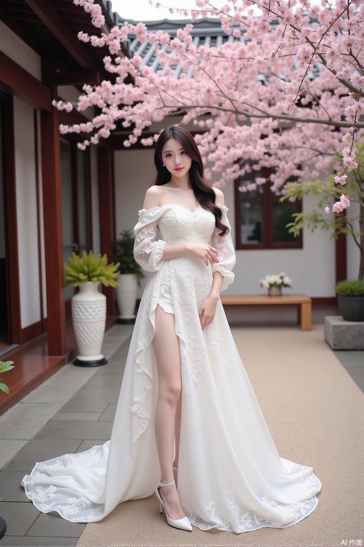 Realistic photo of a young woman with long hair, fair skin, big breasts, off-shoulder lace wedding dress, long legs, high heels, Japanese luxury courtyard, cherry blossoms,